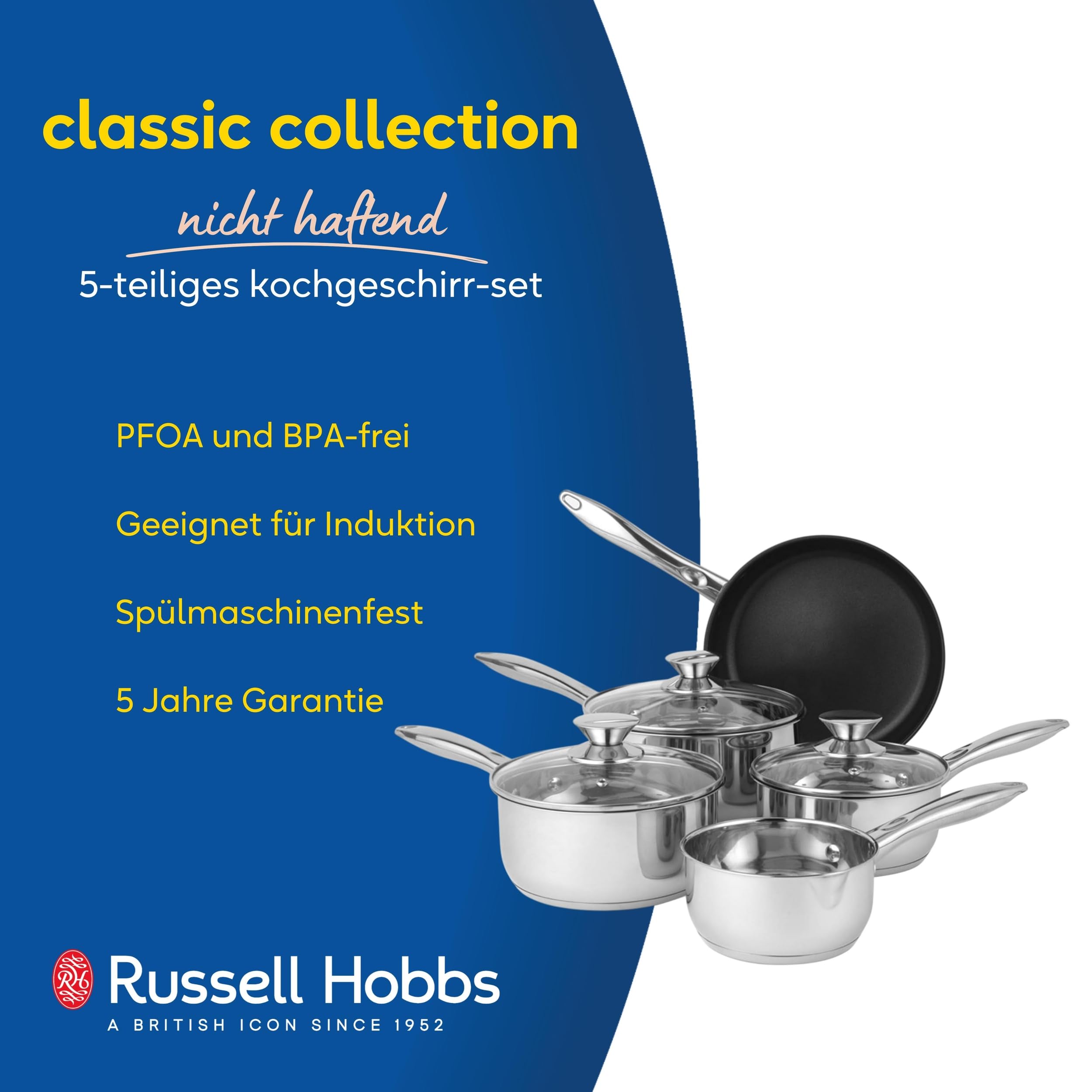 Russell Hobbs Topfsets Pfannenset 5-teilig - Antihaft-Edelstahl Kochgeschirr-Set, Bratpfanne 24cm, Topf 16/18/20cm, 14cm Milchpfanne, Spülmaschinenfest, Stapelbar Topfset Für alle Herdarten