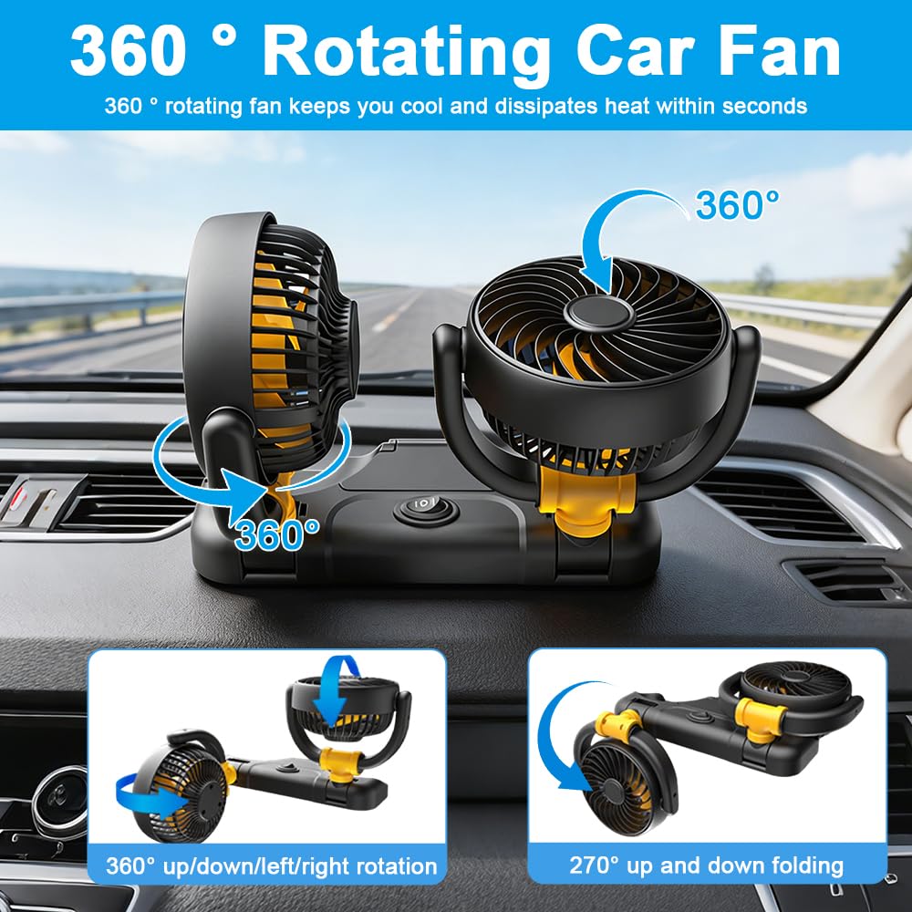Mineup Ventilatore Auto 12V, Ventilatore Auto Doppia Testa, Ventilator 360° Ruotabile Portatile Con 2 Velocità, Alimentate Tramite Accendisigari, Per Cruscotto Aut Furgone SUV RV Barca