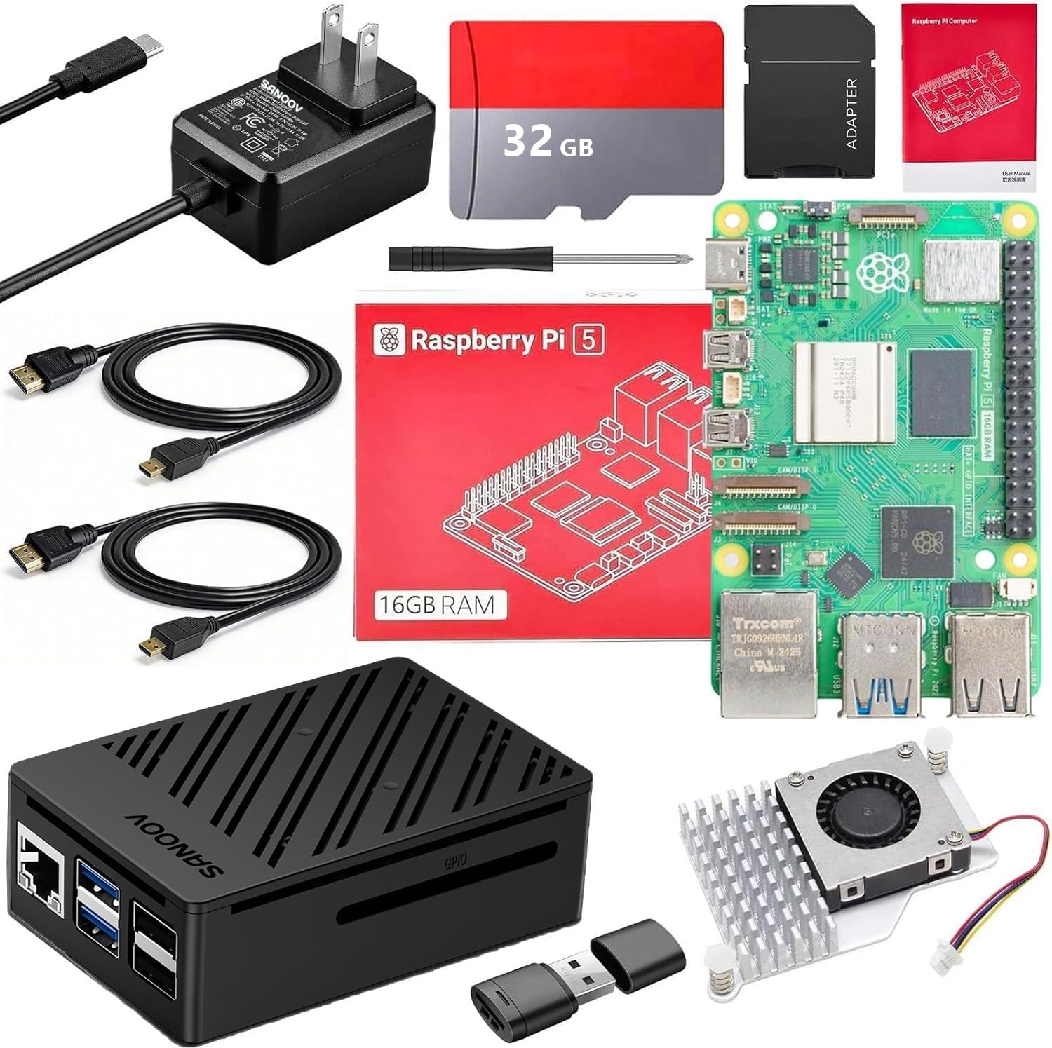 SANOOV Raspberry Pi 5 16GB Kit with Active Cooler,GaN 27W 5.1V5A USB-C Power Supply,Pi5 16GB Board 32GB Edition,ABS Case for Pi 5,32GB Card Readers Kit,Dual 4K Micro HD Out Cables and Screwdriver