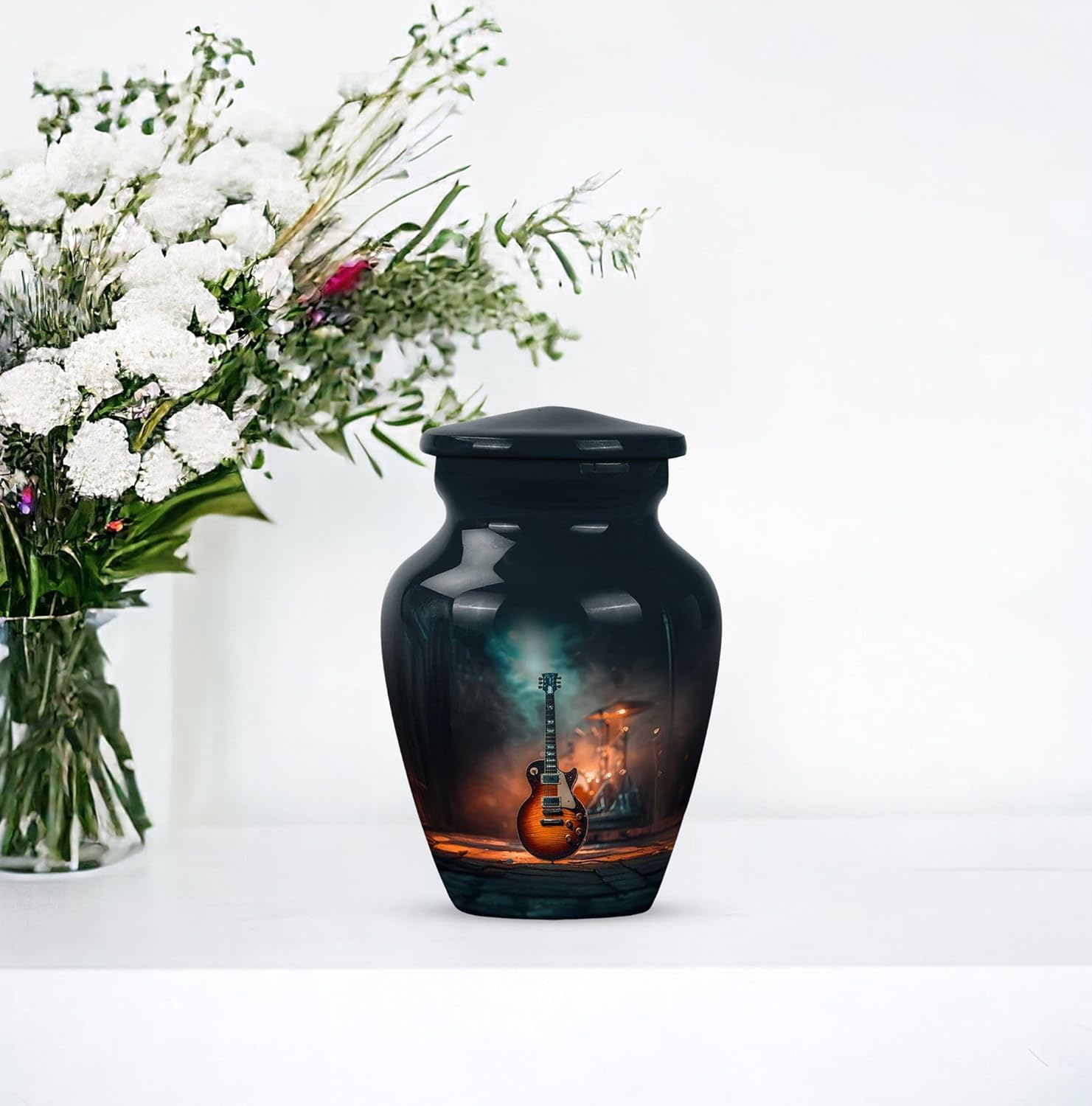 Guitar Cremation Urn for Human Ashes, Keepsake Memorial Urn for Men & Women, Black, 3 Inch