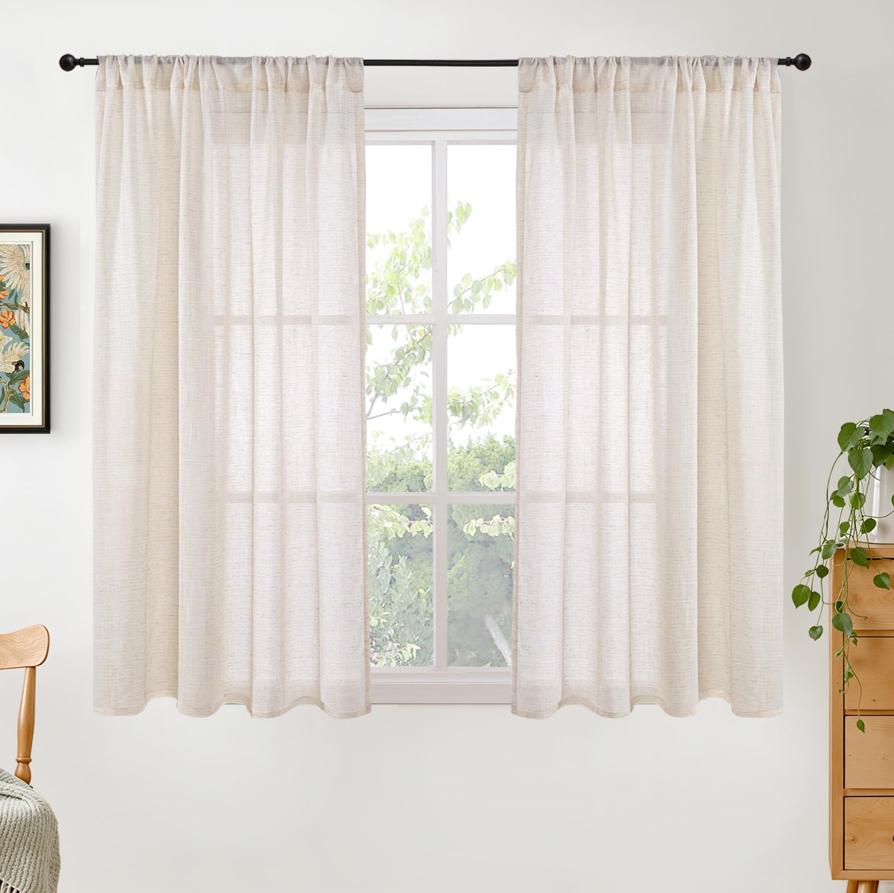 BGment 54 Inch Length Oatmeal Curtains for Short Window - Rod Pocket Linen Sheer Drapes Light Filtering for Living Room Bedroom Lightweight Textured Natural Rustic, 2 Panels Set, 42 X 54 Inch