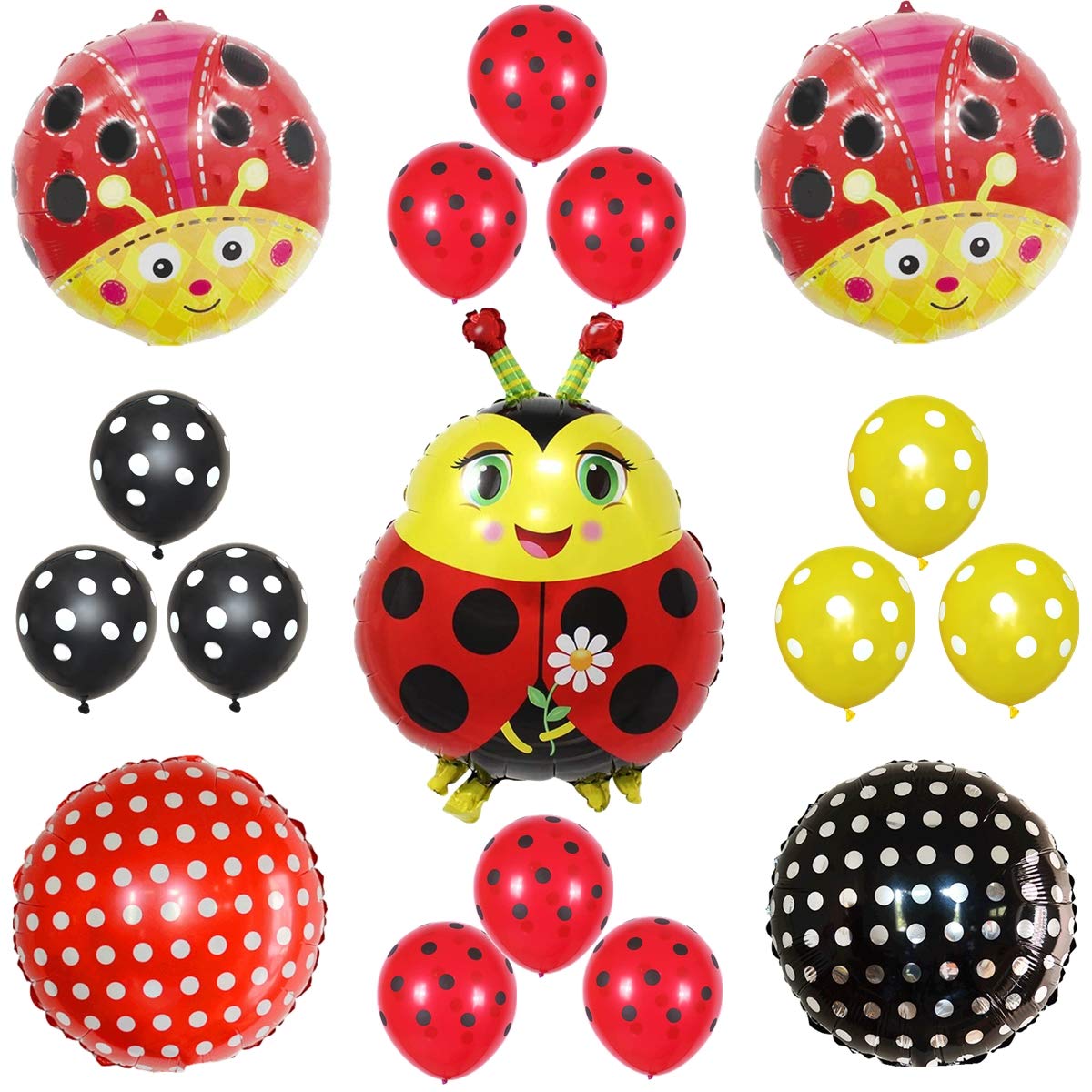 Ladybug Red Black Yellow 17pcs Balloon Pack for Birthday Baby Shower Ladybug Theme Party Decorations Supply - 24" Ladubug Balloon, 18" Foil Balloon, 12" Latex Balloon