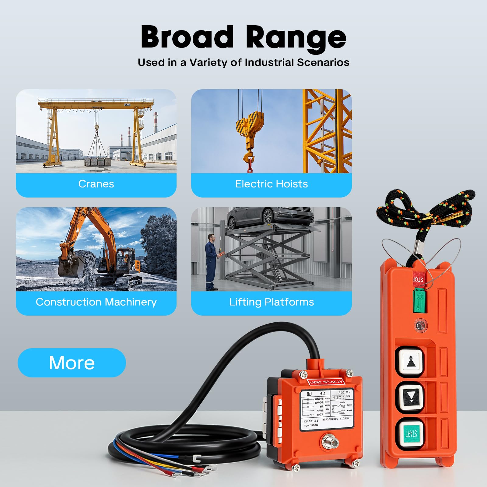 Commande de grue sans fil 220 V - 100 m - Télécommande industrielle avec code de sécurité 32 bits - Protection IP65 - Contrôle des boutons - Pour palan élévateur, pont élévateur et ponts