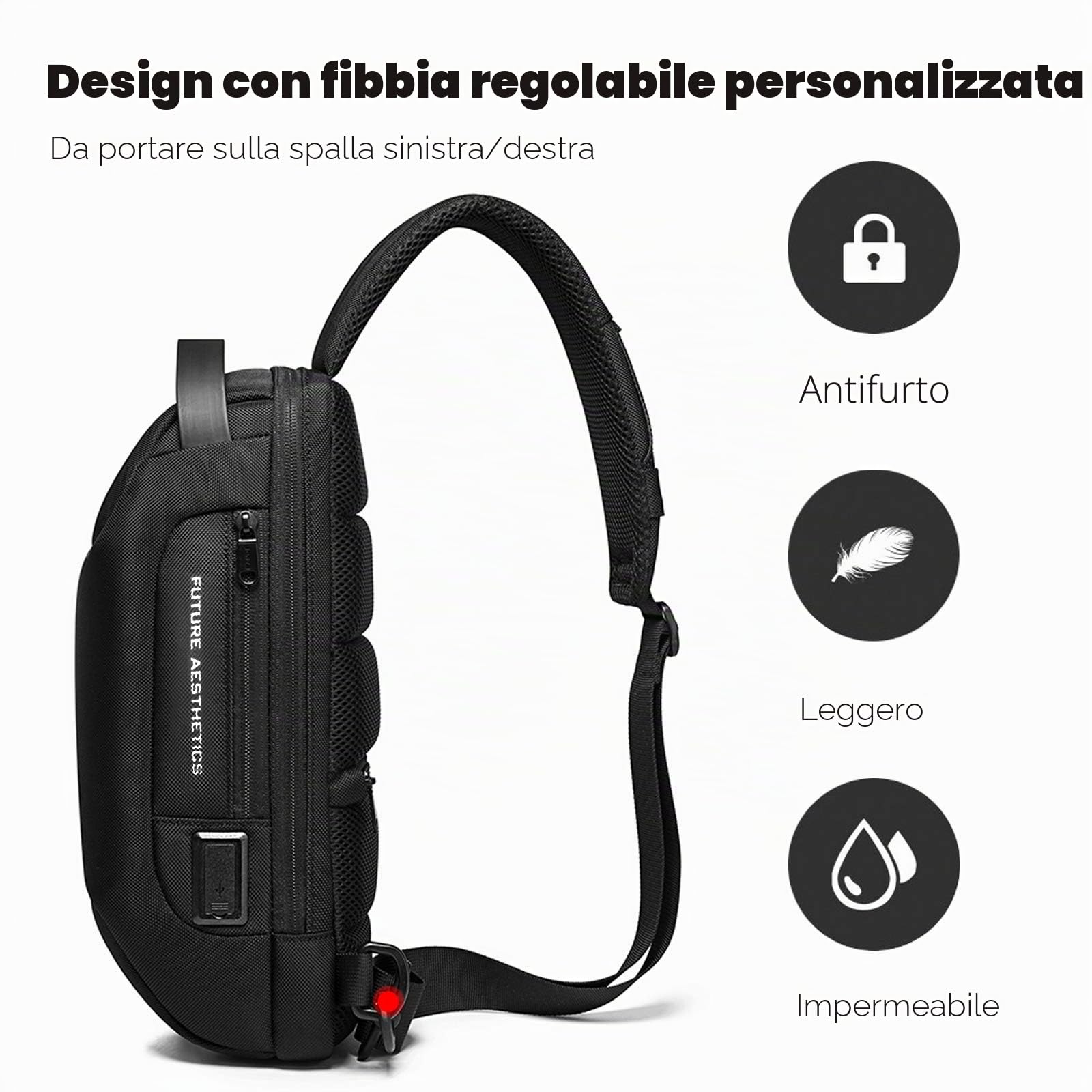 FANDARE Borsa a Tracolla Anti-Ladro Uomo e Donna, Borsa a Tracolla con Porta USB di Ricarica, Borsa da Petto Impermeabile, Zainetto da Spalla per Escursionismo Ciclismo Corsa Viaggio