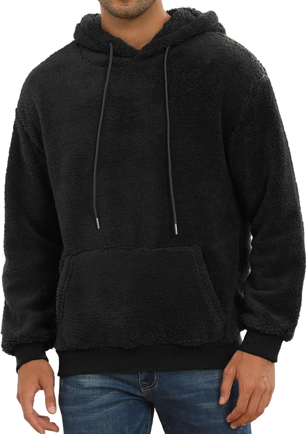 PEGENO Mens Fuzzy Sherpa Hoodie Pullover Sweatshirts Loose Cozy Pocket Long Sleeve Winter Hooded Outwear - Image 3