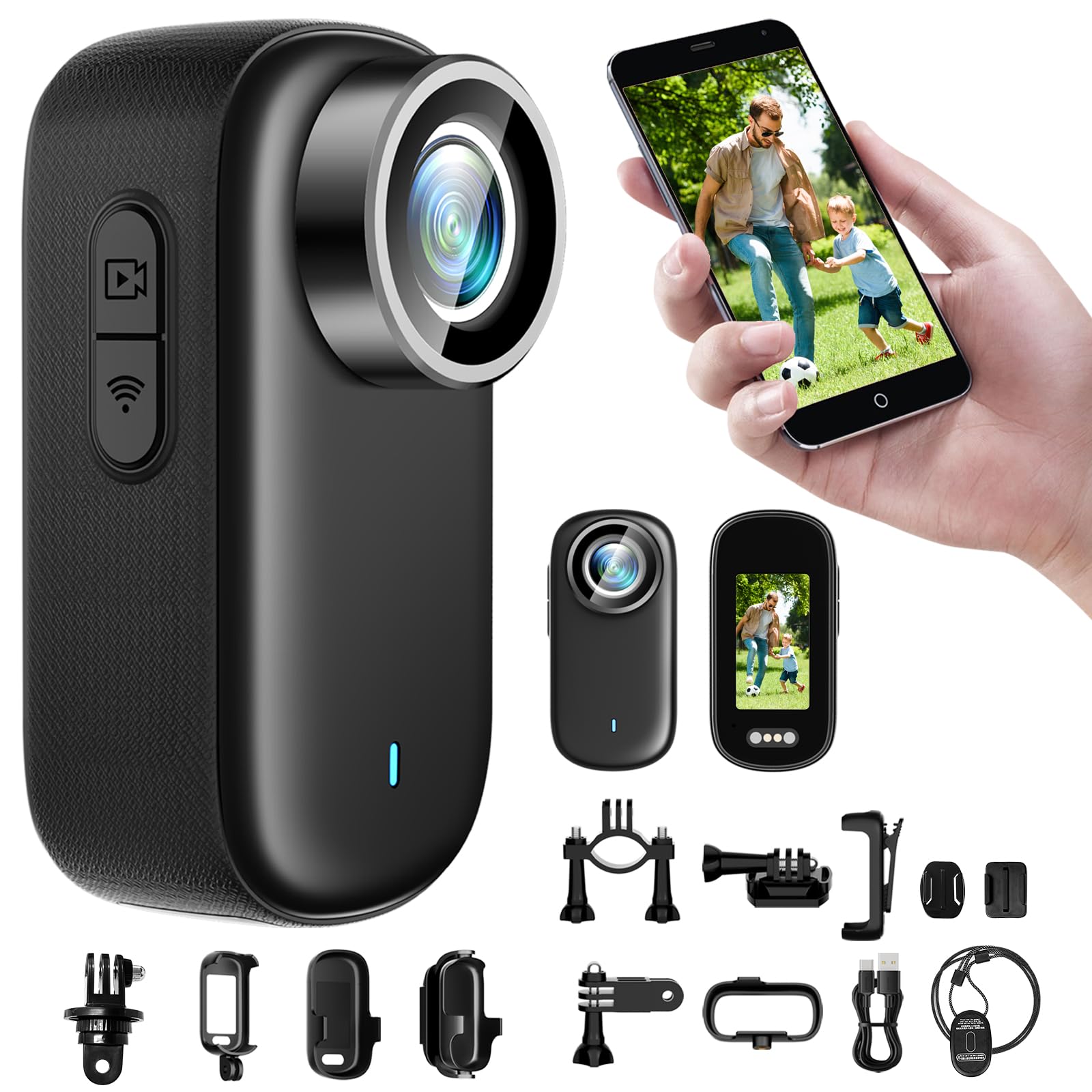 Action Cam 4K WiFi, mini videocamera per casco 150° e display da | 1000 mAh 3 ore di registrazione, magnete e accessori, app Viidure, IP65, registrazione verticale 2K durante la ricarica