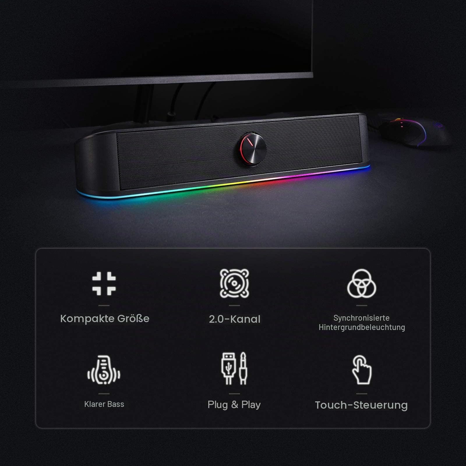 Redragon GS560 Adiemus RGB Desktop-Soundbar, 2.0-Kanal-Computerlautsprecher mit dynamischer Lichtleiste Audio-Light-Sync/Display, Touch-Control-Hintergrundbeleuchtung mit Lautstärkeregler, USB Kable
