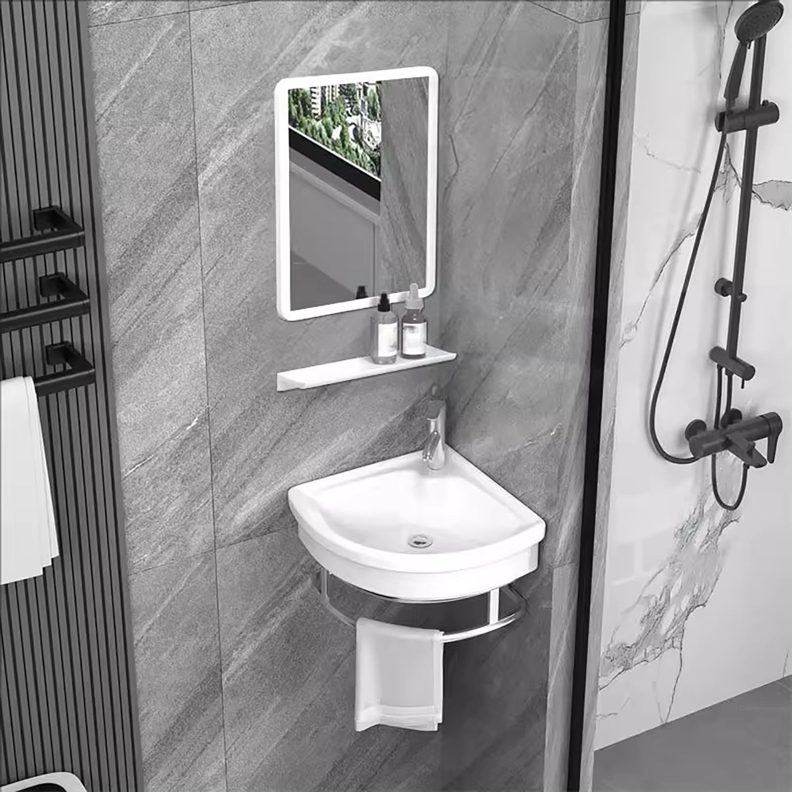 Fregadero triangular de porcelana montado en la pared con escurridor, perfecto para interiores y exteriores, para espacios pequeños, garaje, lavandería y lavaderos
