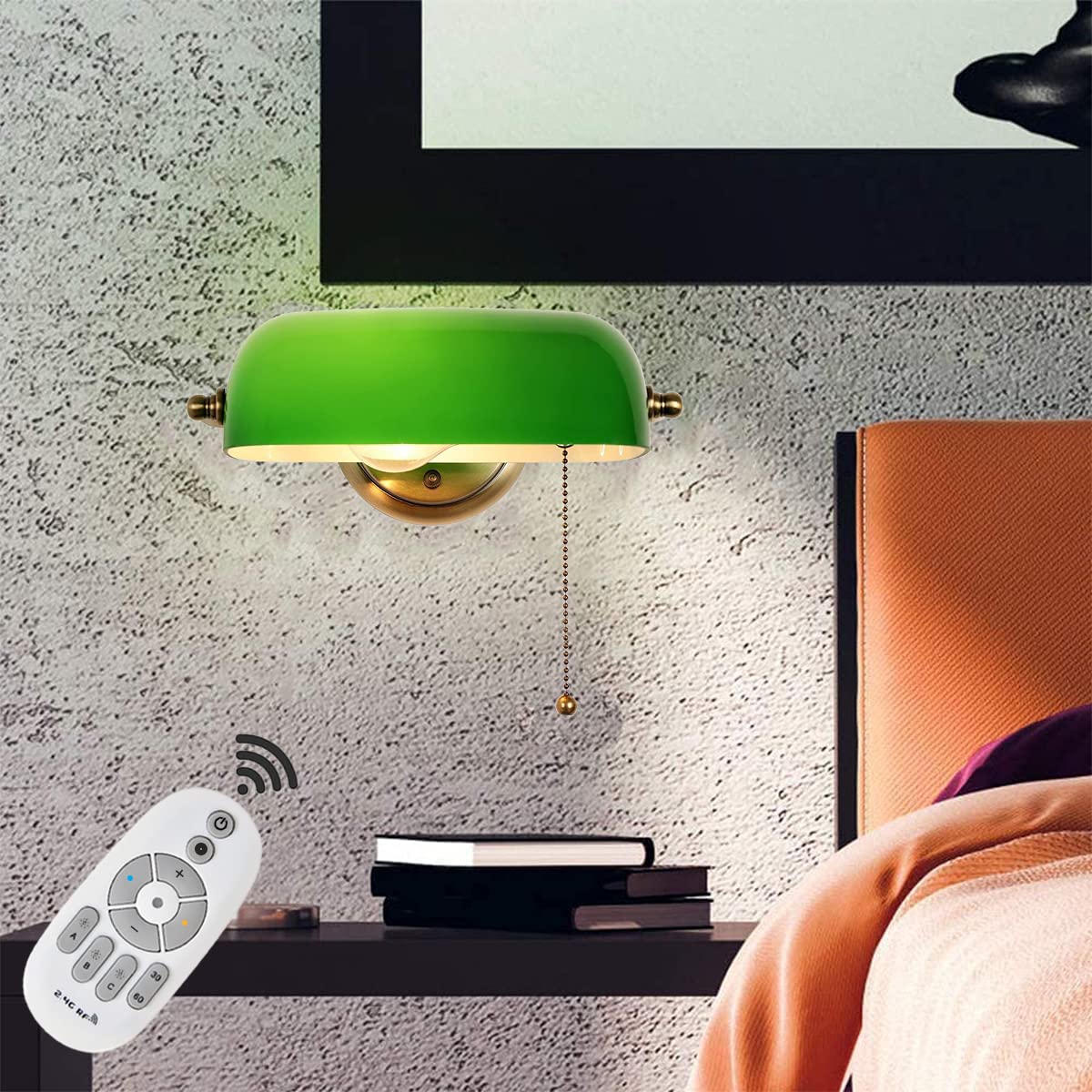 WXKAGF Lampa bankierska Kinkiet z zielonego szkła do wnętrz z pilotem Lampa bankierska do montażu na ścianie 3 Lampka nocna z funkcją ściemniania w temperaturze barwowej z regulowanym abażurem,