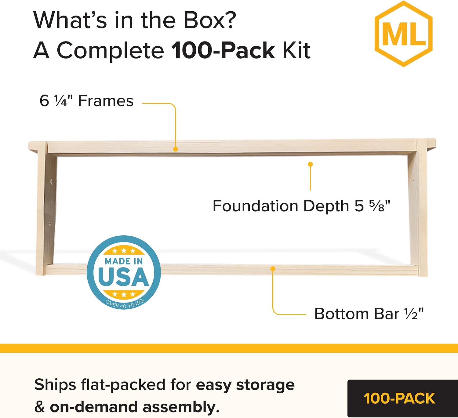 Mann Lake 6 1/4" Medium Beehive Frames, 100-Count Unassembled Wood Frames with Wedge Top & Grooved Bottom, With Pre-Drilled Holes, Fits 6 5/8" Supers, Supports Wax/Plastic Foundation Sheets, Made USA