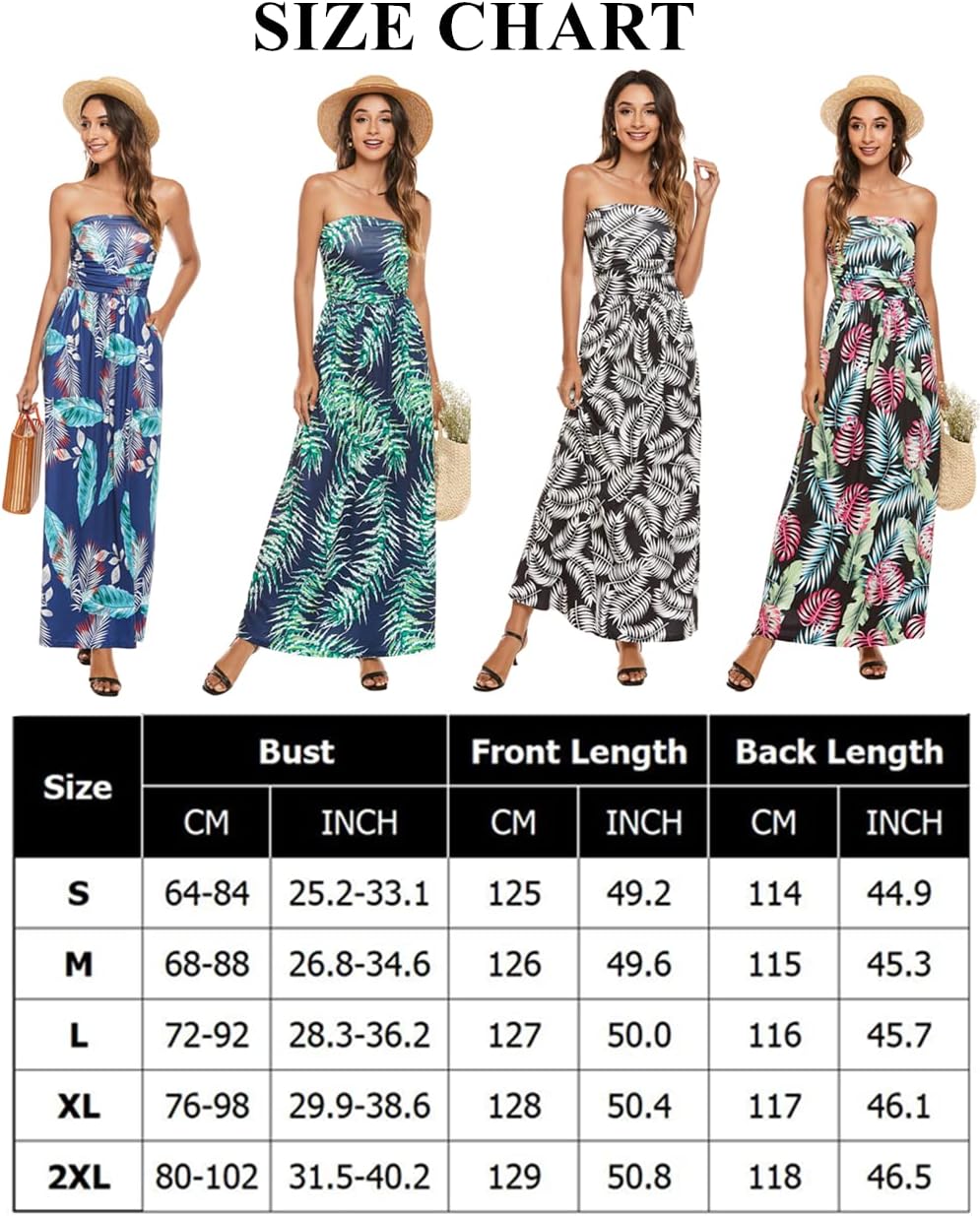 Women's Strapless Wrap Chest High Waist Casual Beach Floor Length Maxi Dress Sundress (Navy Blue Feather, XL)