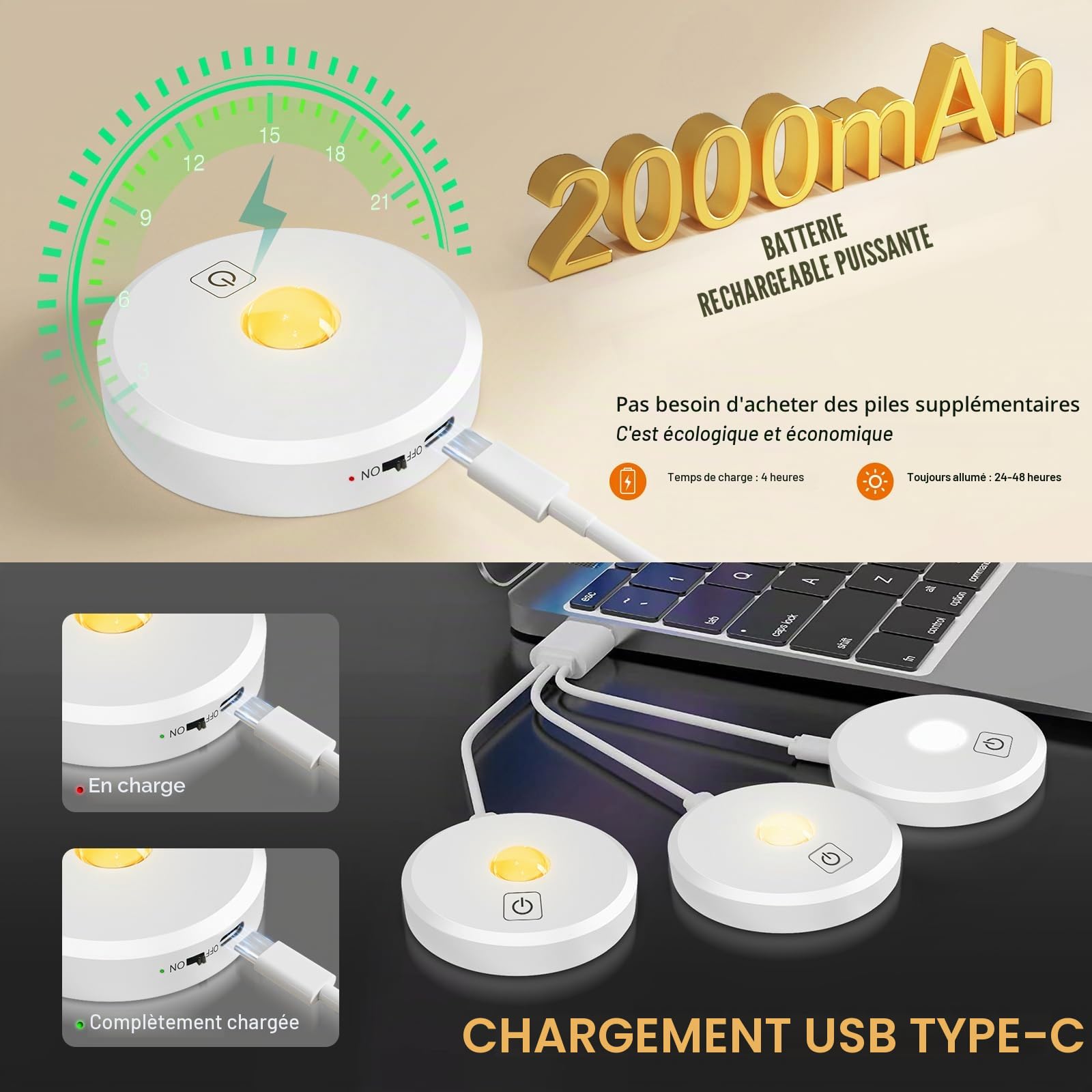 Puck lumières avec télécommande Rechargeable, sans fil sous l’éclairage d’armoire,2000mAh à piles Tap Push Touch lumières (couleur bois, 3 Pcs) (White, 3 Pcs)