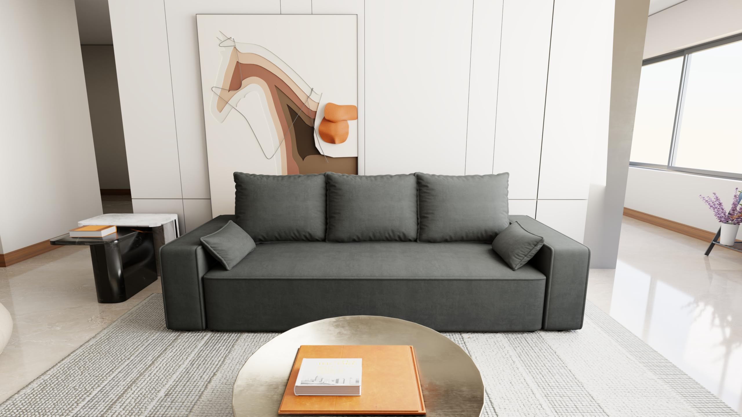 Sofa mit Schlaffunktion Veno 242x95 cm - Couch - Sofa mit Bettkasten - 3 Sitzer - Schlafsofa - Schlafsofa mit Bettkasten - Cord - Wohnzimmer - Samt (Velo 635 Stahl)