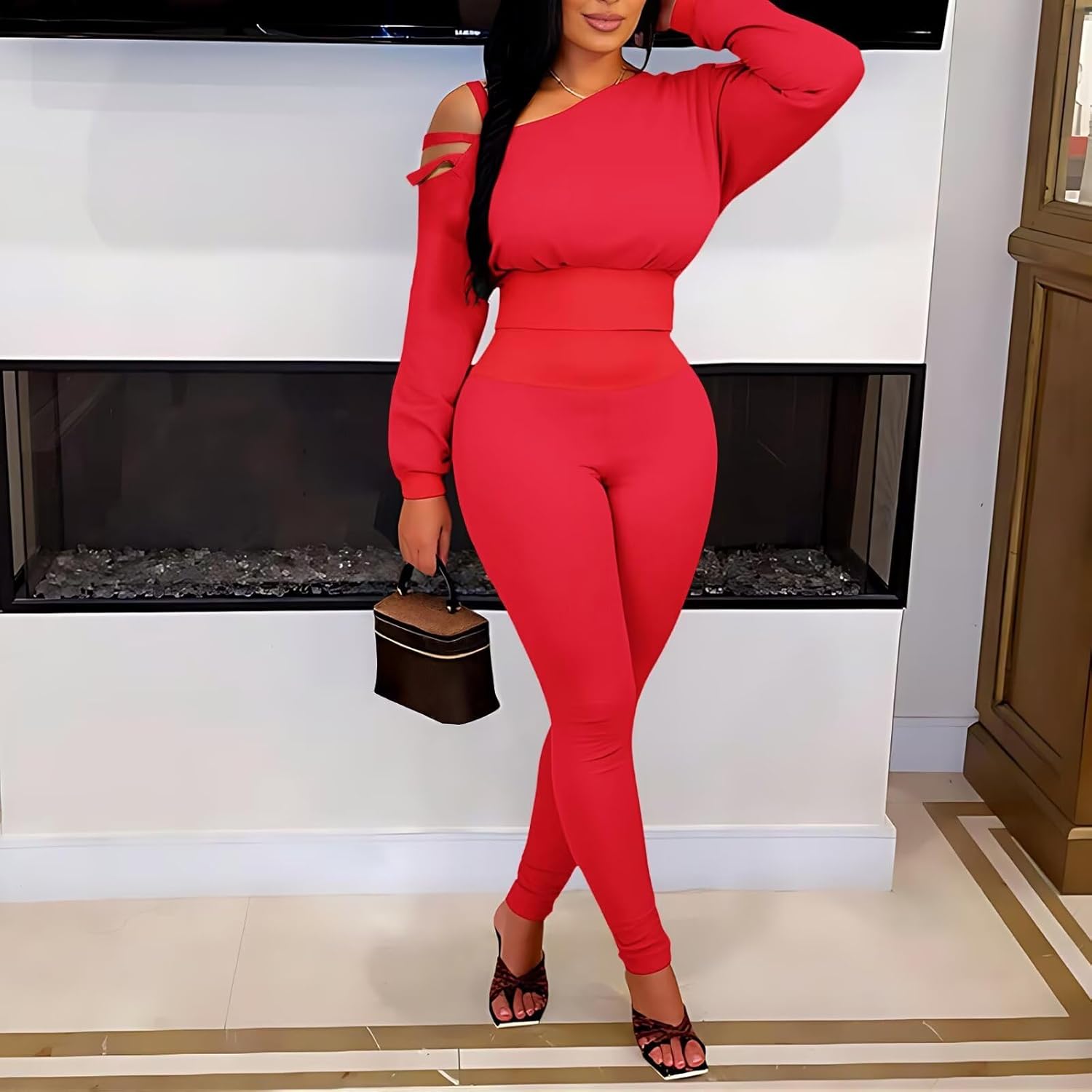 Ophestin Womens 2 Piece Sweatsuits Sexy Off The Shoulder Long Sleeve Tops Legging Pants Set Tracksuit Outfits - Image 5