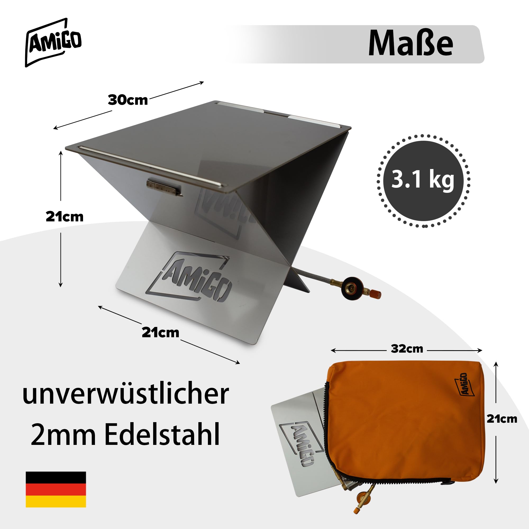 Amigo mobiler Camping Gasgrill klein & klappbar I mini Camping Grill mit Plancha inkl Trage-Tasche I perfekt für Outdoor-Fans, Camper, Balkon I Klappgrill Tischgrill made in Germany