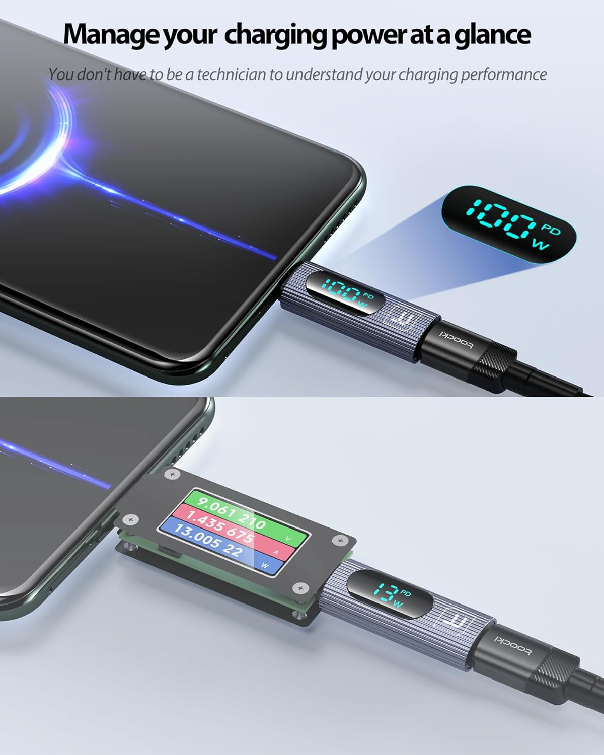 A smartphone connected to a charger via the USB-C adapter, showing the digital power display.