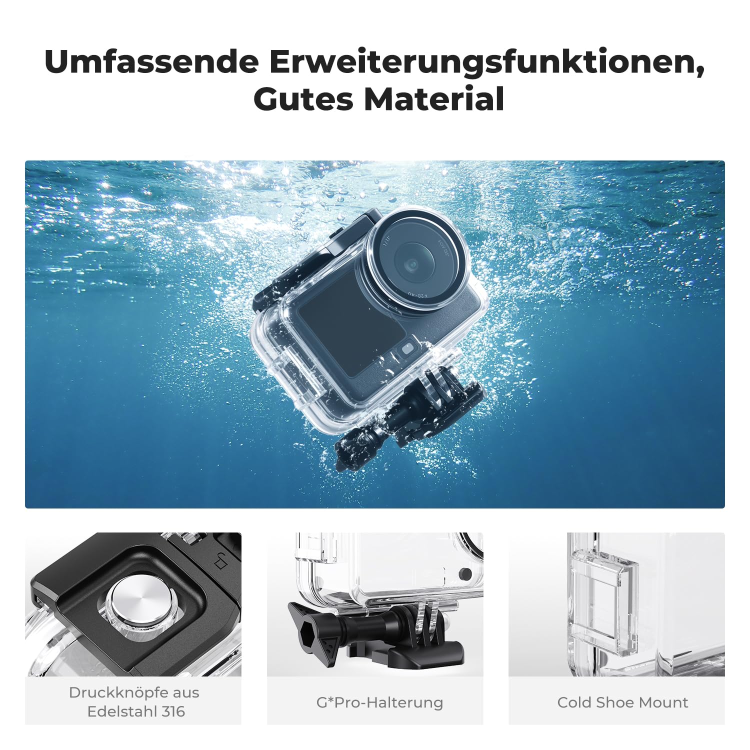 K&F CONCEPT 60 M/196 FT Wasserdichtes Gehäuse mit Schwimmendem Griff für DJI Osmo Action 6, Unterwassergehäuse mit Blitzschuhhalterung, Antibeschlagfolie Wasserresistente Tauchen Schutzhülle