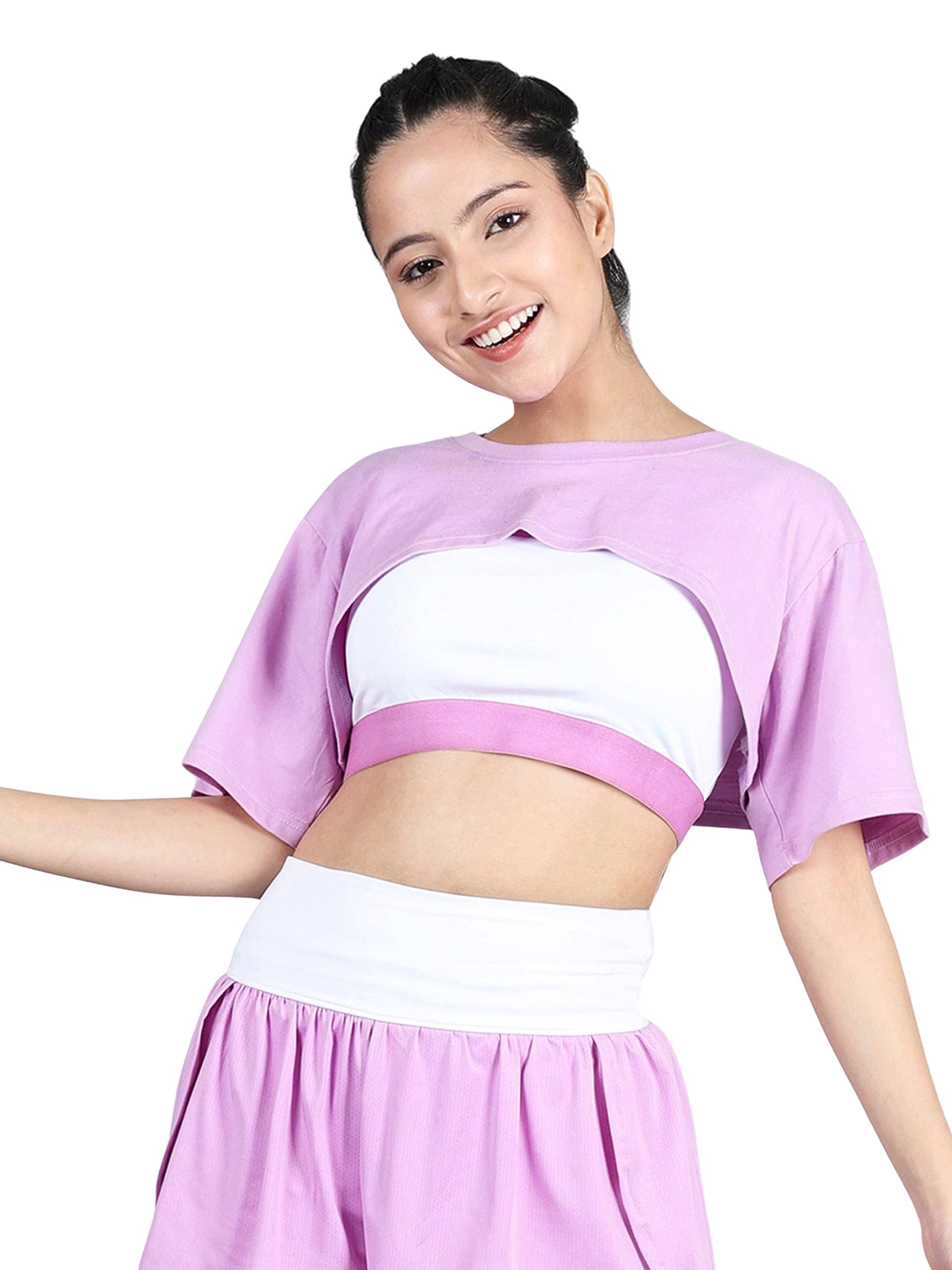 D'chicaD’Chica Cotton Bust Cut Tee Athleisure Wear for Girls & Women, Sports Bra Cover Up Crop Top (Pack of 1) Half Sleeve Everyday Sportswear Perfect for Cycling, Yoga, Walking & Casual Wear