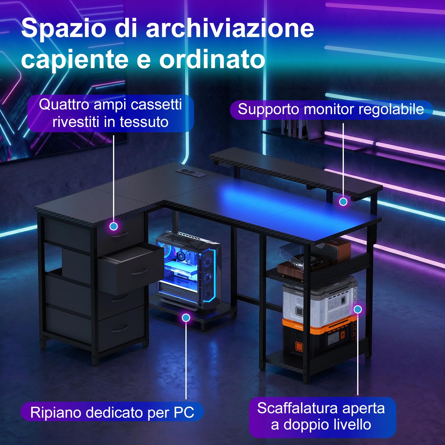JUMMICO Scrivania Angolare a Forma di L 135 cm con Luci LED, Scrivania per Computer Ufficio Casa, Tavolo da Gaming con Ripiani Portaoggetti, Struttura Stabile e Design Reversibile, Nero