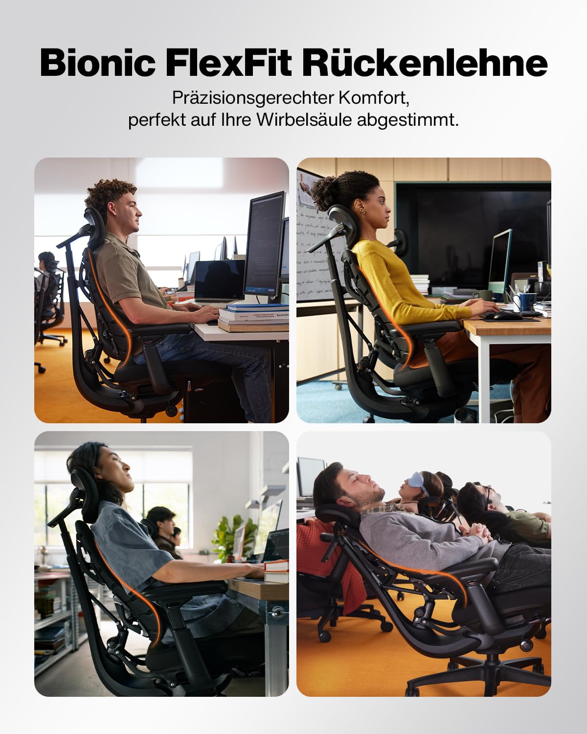 LiberNovo SE Ergonomischer Bürostuhl, Schreibtischstuhl mit manueller Lendenwirbelstütze, 5 Neigungspositionen, Computerstuhl für langes Sitzen, für Homeoffice, Büro und Gaming, Obsidian 48cm