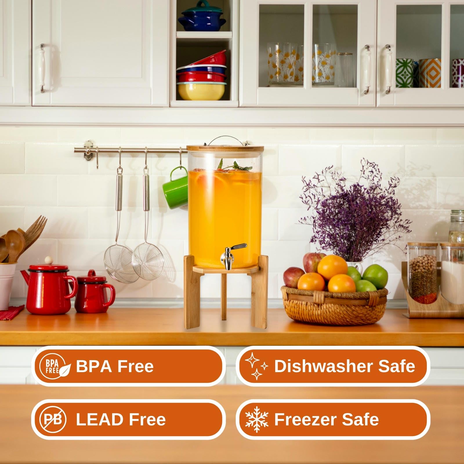 Glass Beverage Dispenser with Bamboo Stand and Lid, Iced 2.1 Gallon Drink Server with Spigot, Large Thick Glass Drink Dispenser for Parties, Hotels, Restaurants, Homes