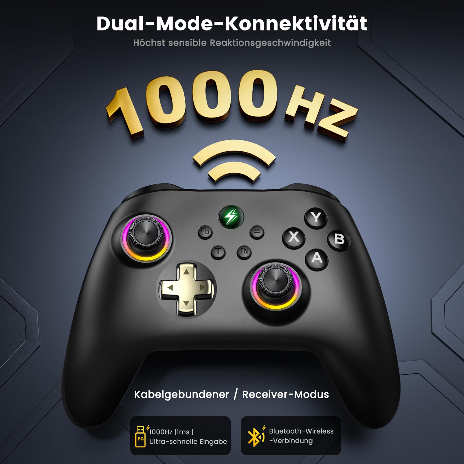 HELLCOOL PC Controller mit Ladestation – 2,4 GHz Wireless PC Gamepad mit Hall-Effekt Joysticks&Trigger, Kein Stick-Drift, 1000Hz Polling Rate, Ergonomisch, kompatibel mit Windows PC/Switch/Android/iOS
