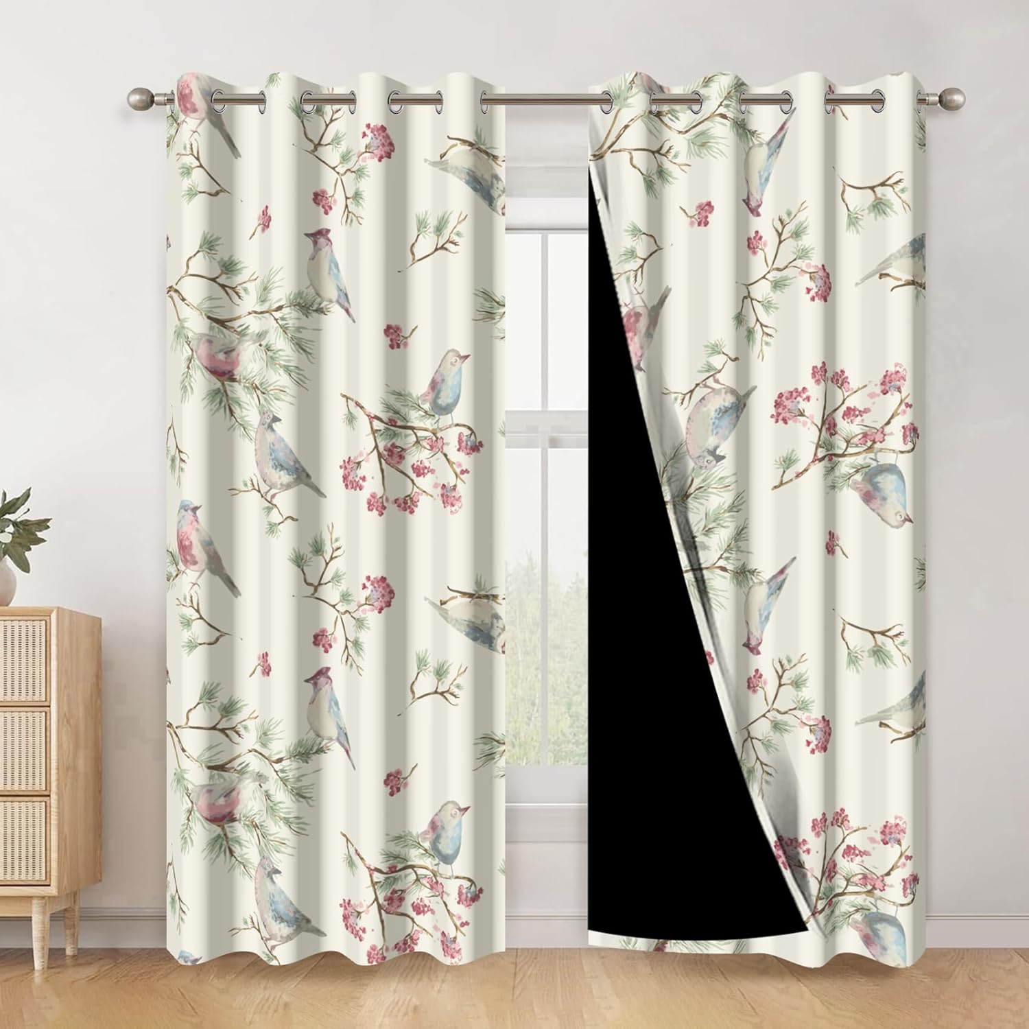 AWERT Light Yellow Vintage Blackout Curtains 84 Inches Long 2 Panels for Bedroom Pink Flowers Watercolor Leaves Birds French Country Thermal Insulated Drapes for Living Room Each Size 42x84 Inches