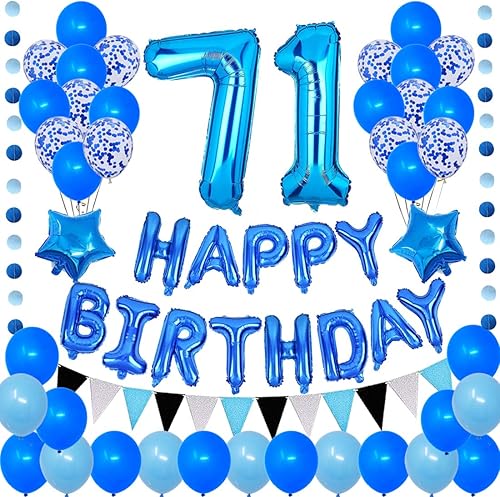 Tema azul 71 para fiesta de cumpleaños de 71 años, pancarta azul de feliz cumpleaños, círculos azules, guirnalda de papel colgante triangular,
