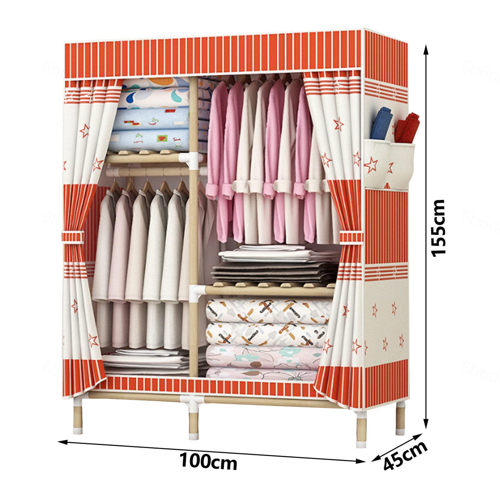 Leinwand-Kleiderschrank, Stoff-Kleiderschrank, tragbare Kleiderschrank-Regale für Schlafzimmer, Kleiderschrank-Aufbewahrungsorganisator mit Kleiderstange und Seitentaschen, B-100 x