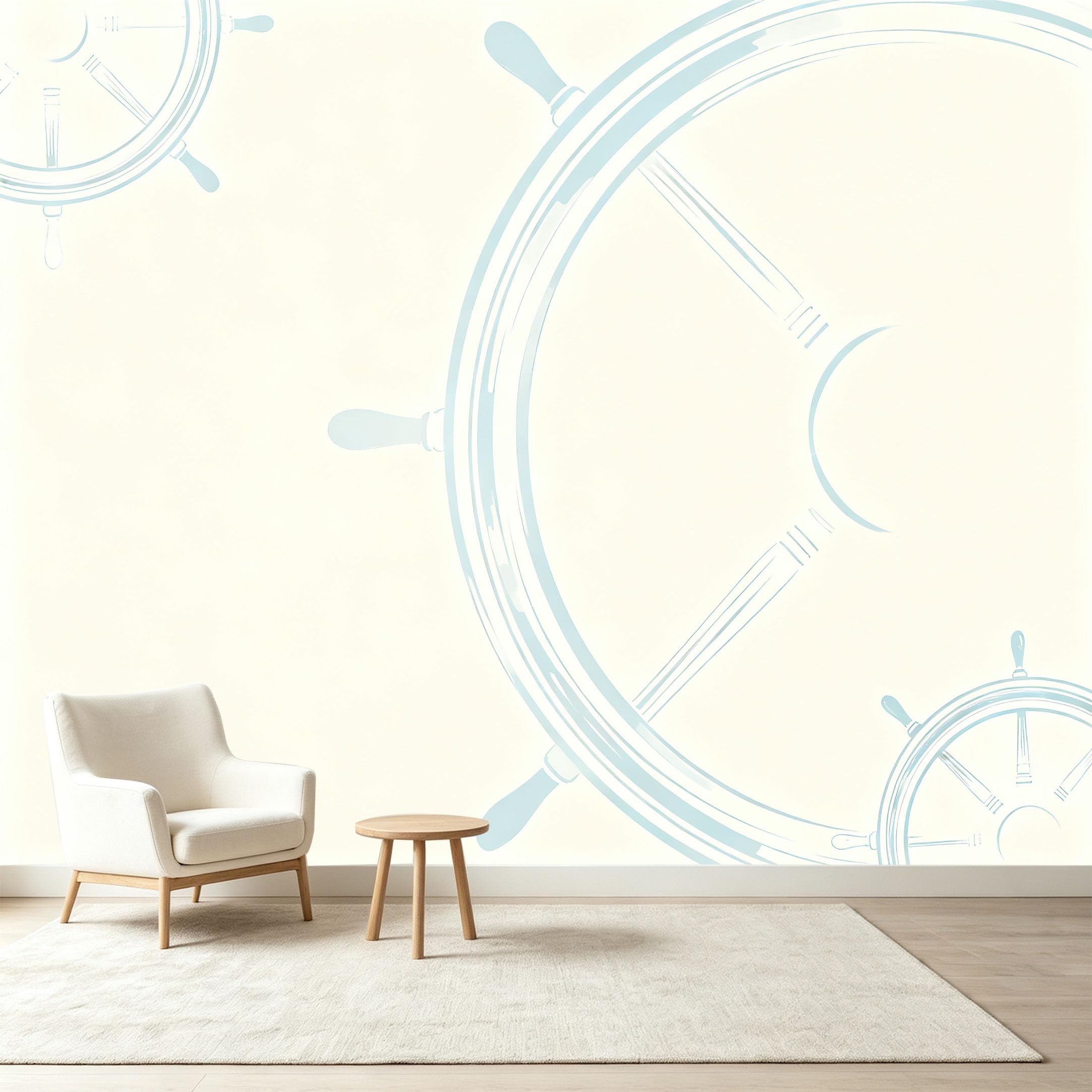 Custom Size Wall Murals Nautical Ship Wheel Coastal Seascape Minimalist Line Art Self-Adhesive Wall Fabric Removable Wallpaper Wall Decor for Living Room Bedroom Bathroom