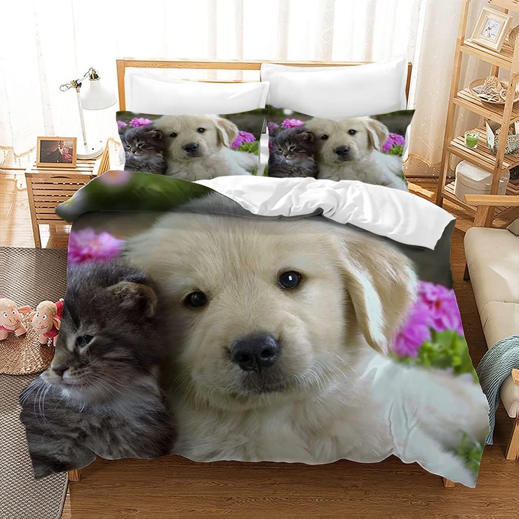 布団カバー クイーン 白いラブラドール犬 可愛い 防ダニ寝具 セットマイクロファイバー 1 布団カバ 210x210 Cm 2 枕カバー 43x63 Cm 大人 ボーイズ ガールズ 寝具カバーセット サイズ 170x210cm