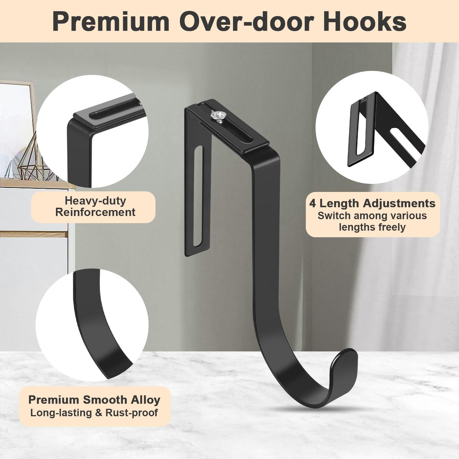 Ganci da Porta Regolabili Resistanti, Attaccapanni per Porte Spesse 3.5-8.9 cm, Nero