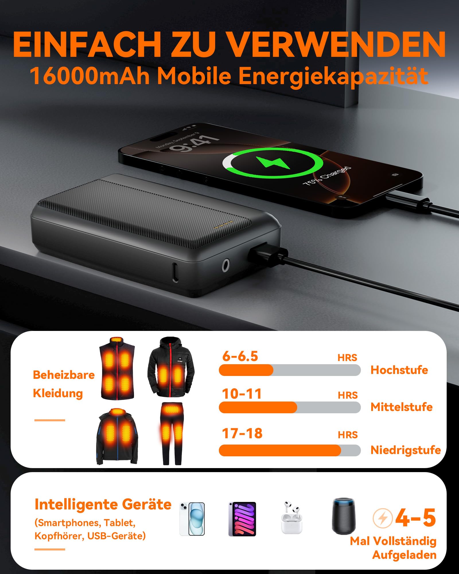 Batterie externe de mise à niveau pour gilet chauffant - 7,4 V 2 A 16000 mAh CC - Batterie rechargeable pour vestes chauffantes ORORO et Venustas - Gilets, pantalons, sous-vêtements - Avec adaptateur