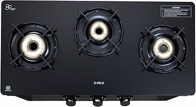 Elica Crest 3 Burner Gas Stove with Crown Design Pan Support and Forged Brass Burners (CREST 370 J NERO), Black
