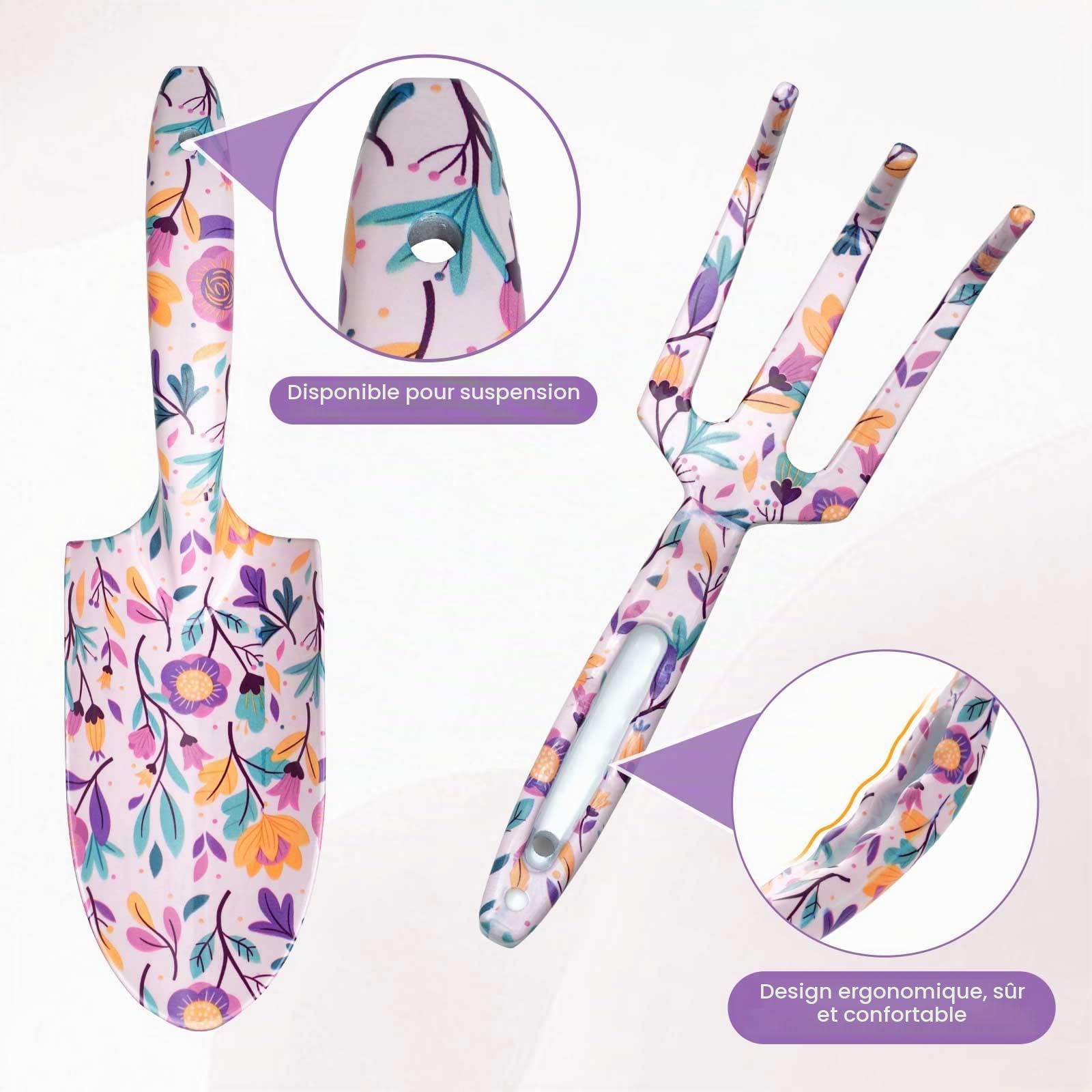 Velway Ensemble d’Outils de Jardinage 5 Pièces – Outils de Jardin à Motif Floral en Métal avec Gants, Sac de Rangement & Coffret pour Femmes, Fête des Mères, Noël, Anniversaire