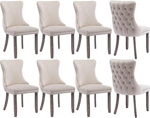 Miniatura 19 de Juego de 4 sillas de comedor de terciopelo, sillas de comedor tapizadas con respaldo de alas altas con ribete de cabeza de clavo, patas de madera 19