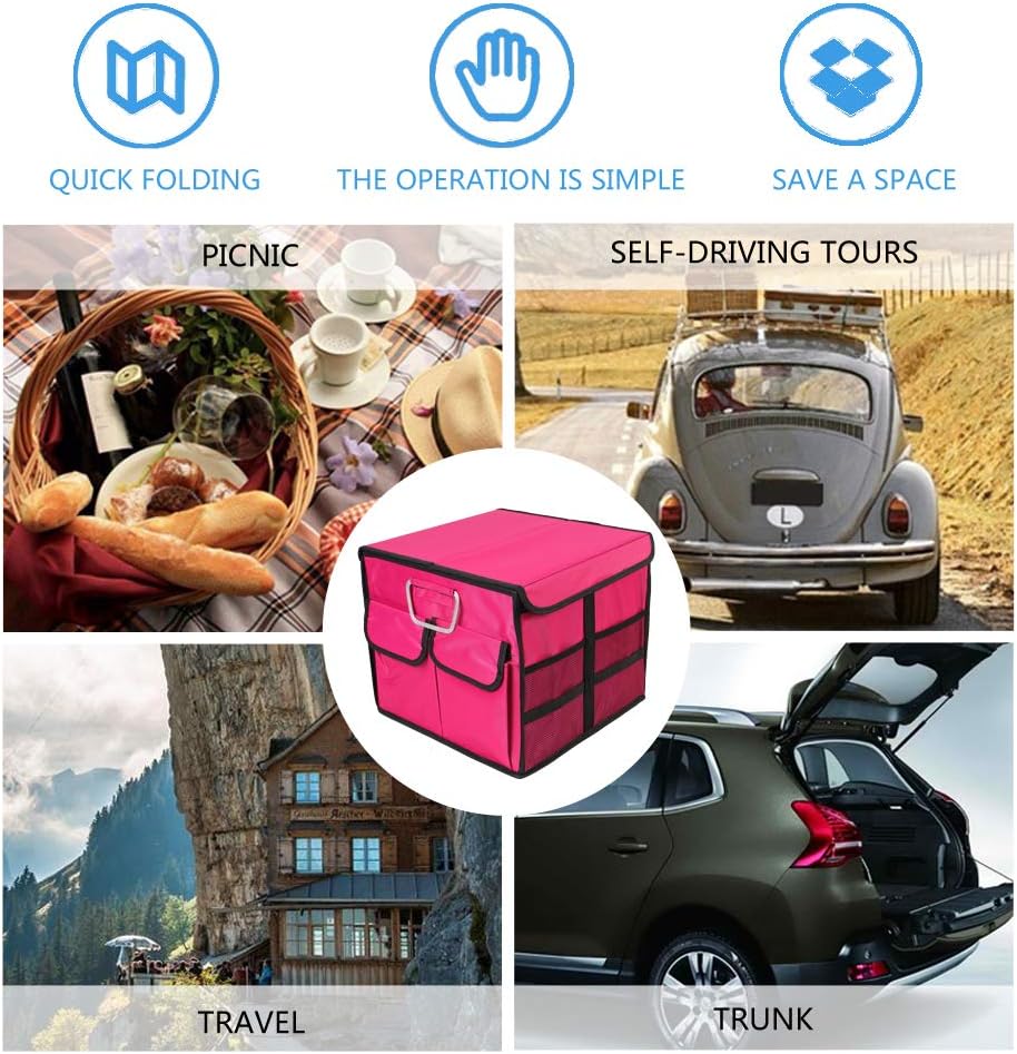 Car Trunk Organizer Collapsible Portable Multi Compartments Organizer with Non Slip Straps for SUV Truck Auto Vehicle Car Auto Minivan (Small covered, Rose red)