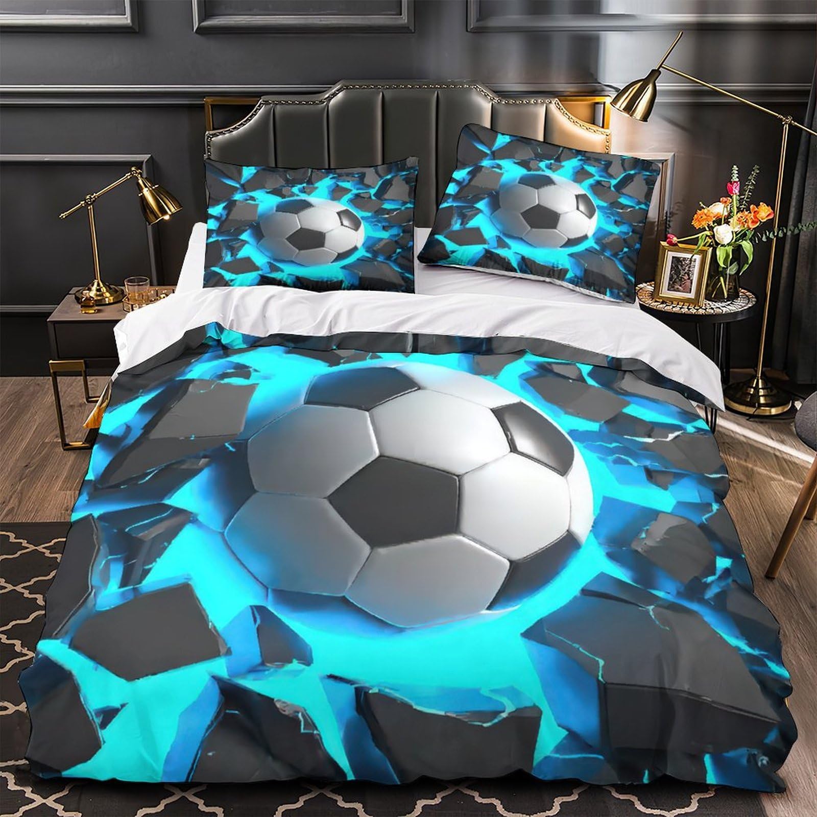 Housse de couette football 3d microfibre respirante et résistante pour lit enfant 140x200