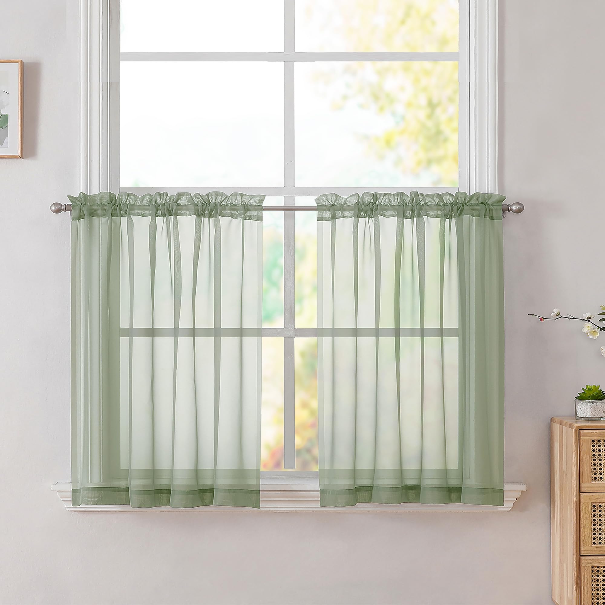 Simplebrand Sage Green Short Sheer Tier Curtains 24 Inch Length 2 Panels