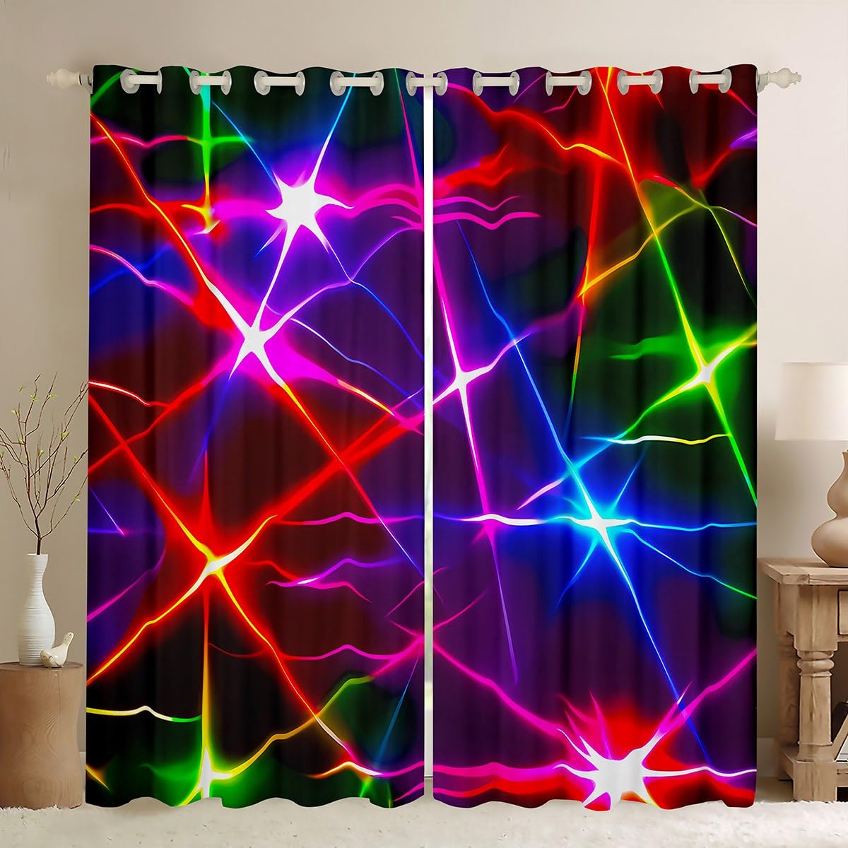 Homemissing Kids Neon Light Geometric Curtains(2 Panels,W66*L72) For Boys Girls Teens Colorful Modern Abstract Art Darkening Blackout Window Curtains Stripe Line Window Treatments