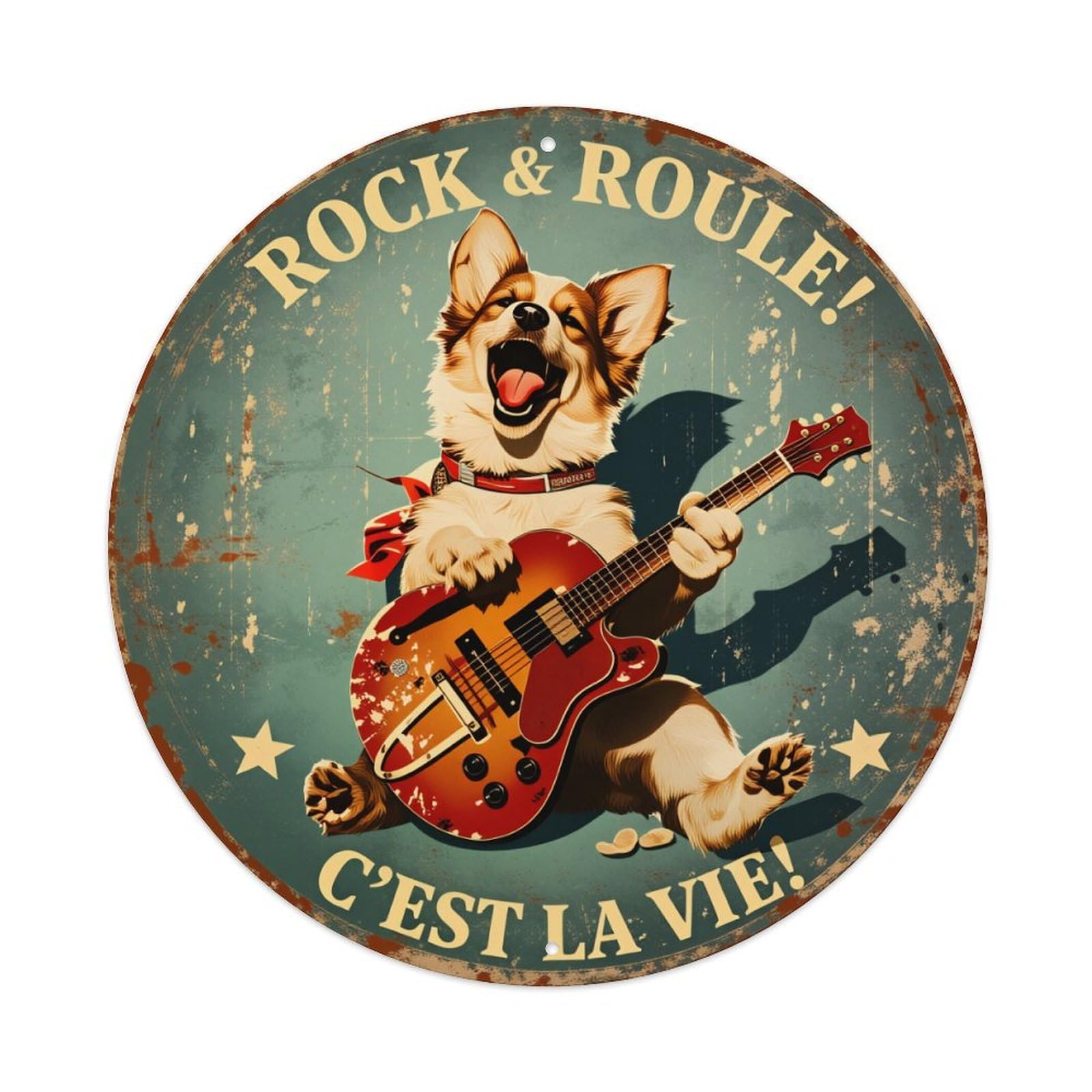 Rock And Roll Dog Guitar Vintage Metal Tin Sign Retro Wall Decor for Home Bar Garage Cafe, Indoor & Outdoor Decorative，circle Metal Poster, 8x8 Inch