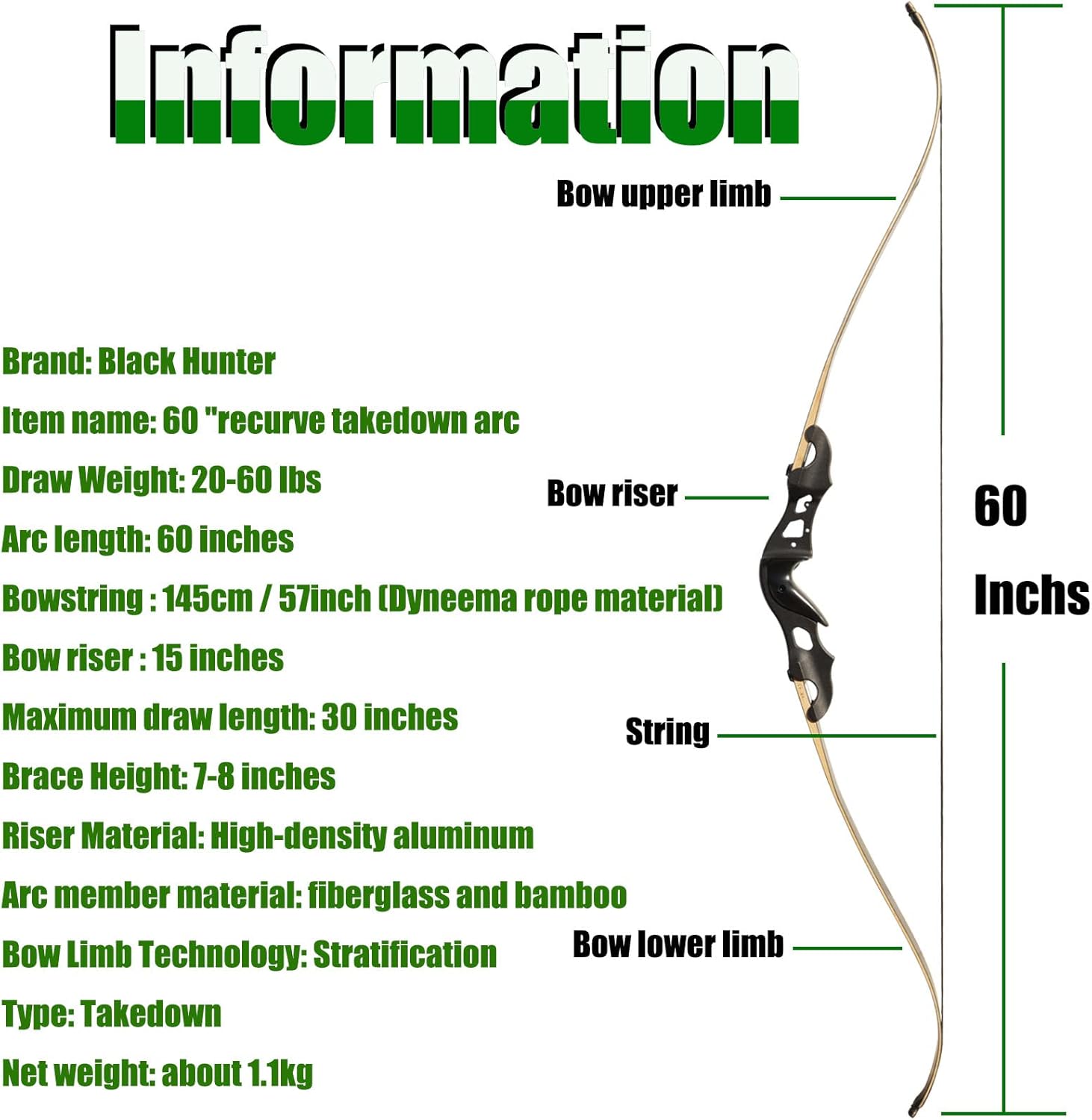 60" Takedown Recurve Bow and Arrows Set for Adults with Aluminum Bow Riser 30lbs-50lbs Right Hand Hunting Bows Kit for Adults Beginner with 12 Pcs Carbon Arrows for Archery Practice Hunting