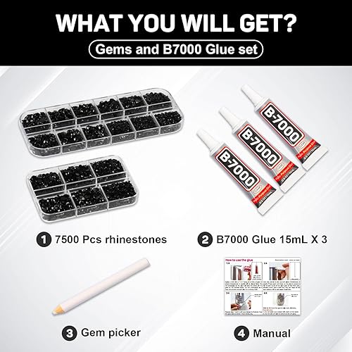Miniatura 2 de B7000 - Pegamento con 7500 diamantes de imitación negros para manualidades, ropa, ropa, tela, cristales negros brillantes con parte trasera plana