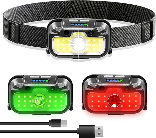 Yacig Linterna frontal recargable, 1300 lúmenes LED con luz rojaverdeblanca, 7 modelos con sensor de movimiento impermeable, luz de cabeza ligera