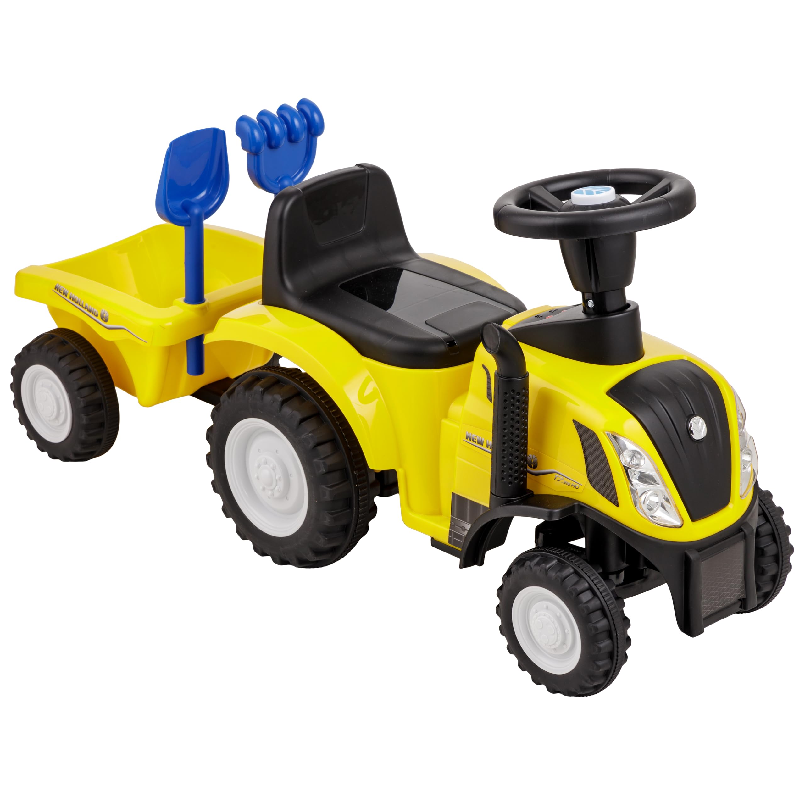 Baroni Toys Trattore Ride-On con Rimorchio per Bambini dai 12 a 36 mesi, Trattore con Clacson ad Aria, Volante Sterzante, Suoni e Fari Funzionanti, Paletta e Rastrello Inclusi, 29x91x44 cm, Giallo