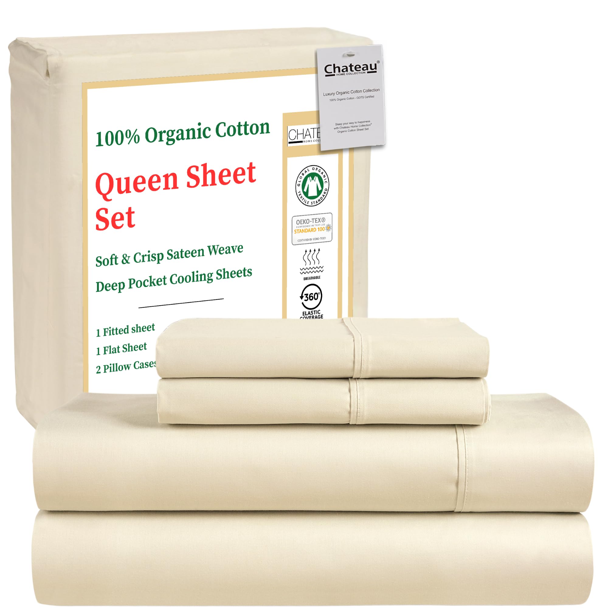 Queen Sheet Set- 100% Organic Cotton Sheets Queen – GOTS & OEKO-TEX Certified Sateen Weave Soft, Breathable & Durable 15" Deep Pocket Cooling Sheets –