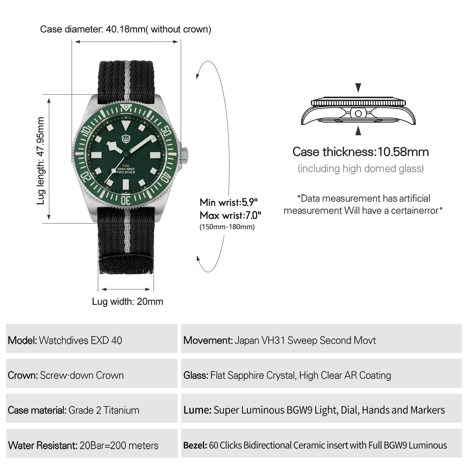 watchdives EXD zegarek do nurkowania 40 mm, tytan, Japonia VH31, mechanizm kwarcowy, szkło szafirowe, zegarek na rękę, analogowy, świecący, wodoszczelny zegarek dla mężczyzn