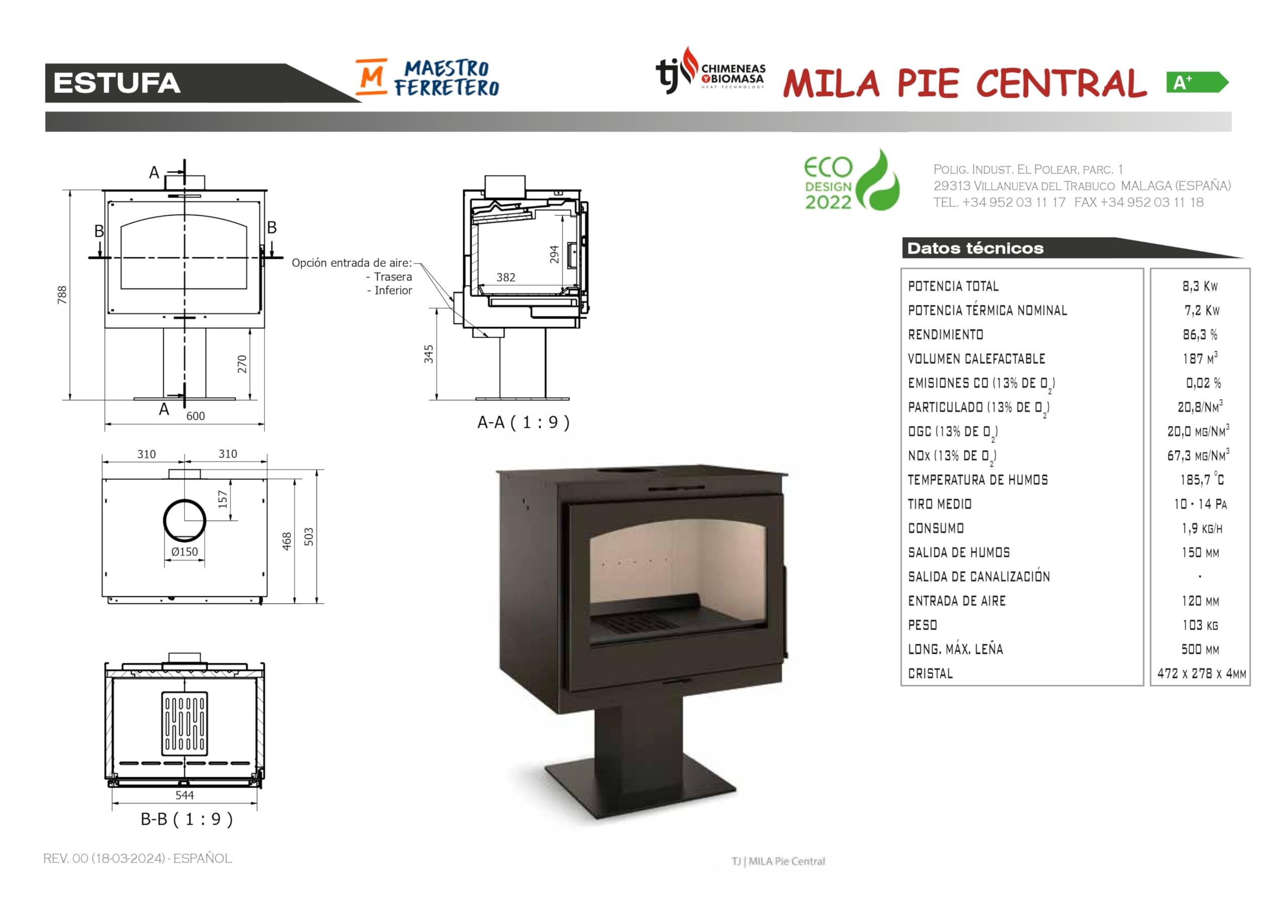 TJ - Estufa de Leña Modelo Mila PIE Central de 7,2 kW