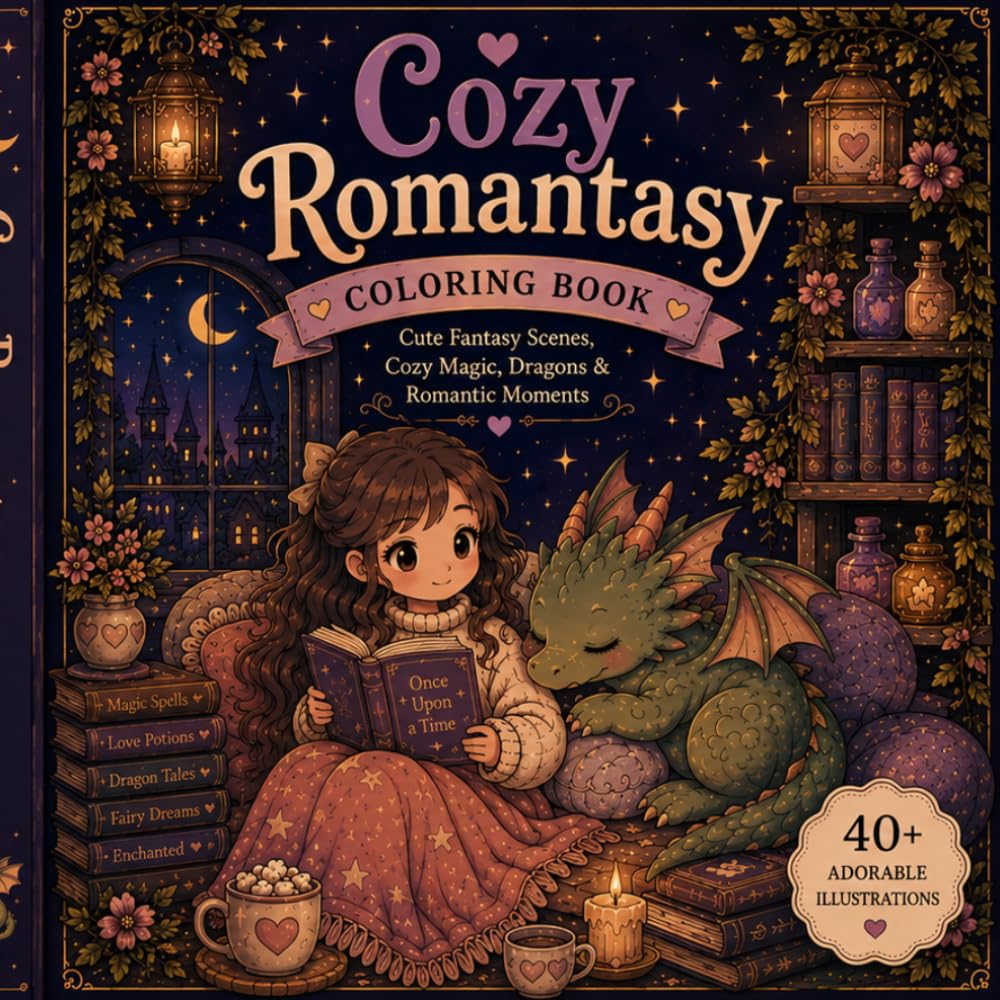 Cozy Romantasy Coloring Book: Cute Fantasy Scenes, Cozy Magic, Dragons & Romantic Moments