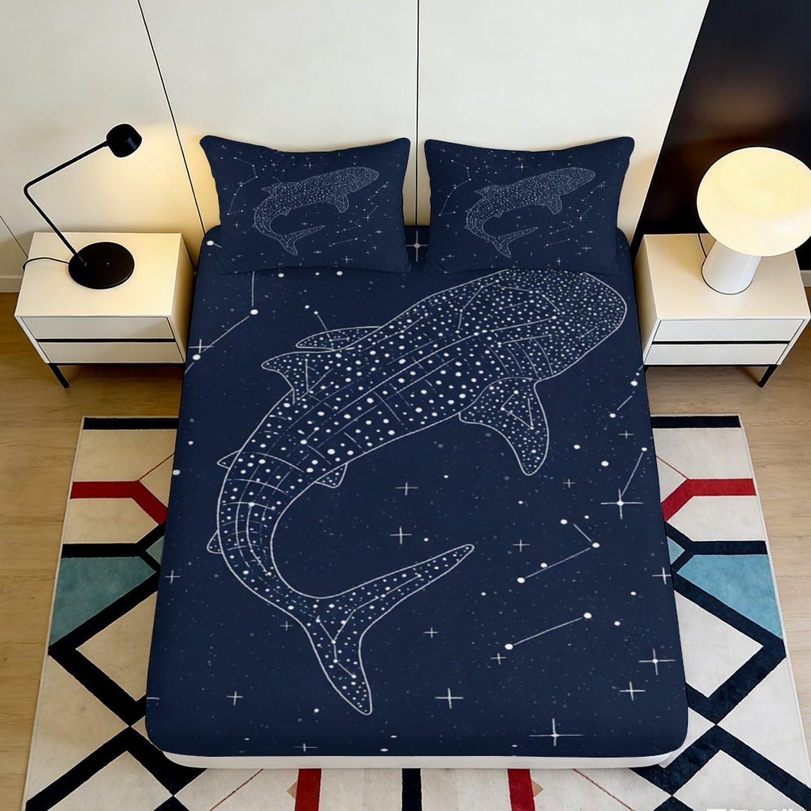 3D Printed Whale Shark Fitted Sheet Microfiber Soft Navy Blue Constellation Bed Cover Anti-Slip Bedroom Dorm Mattress Protector 90x200x25cm